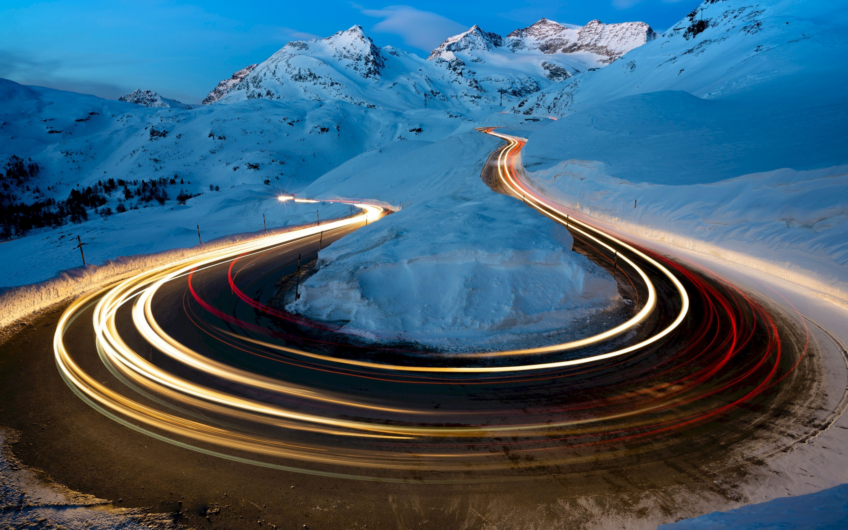 Winter, road turn, long exposure, snow, glacier, 2880x1800 wallpaper