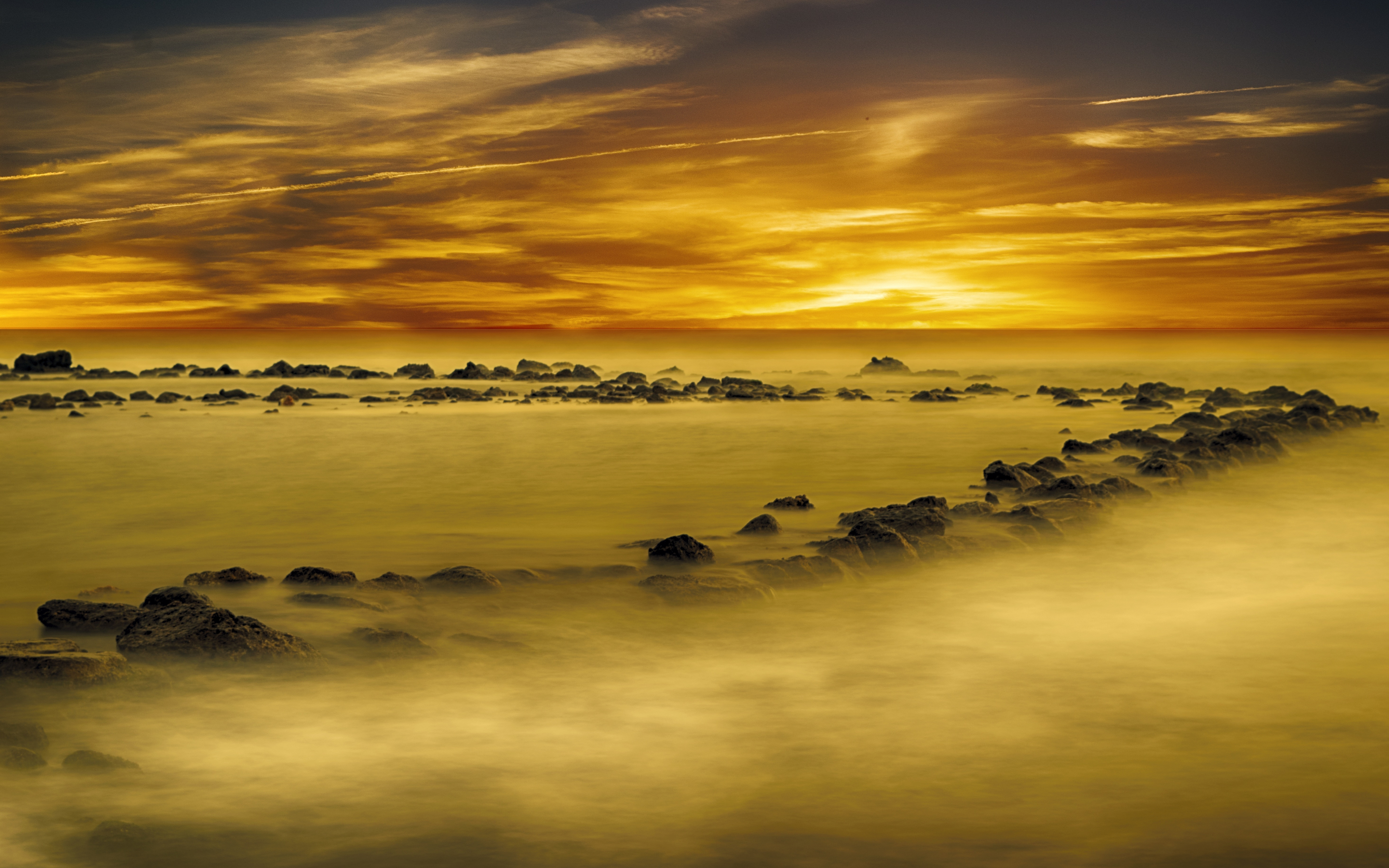 Yellow, sunset, coast, rocks, 2880x1800 wallpaper