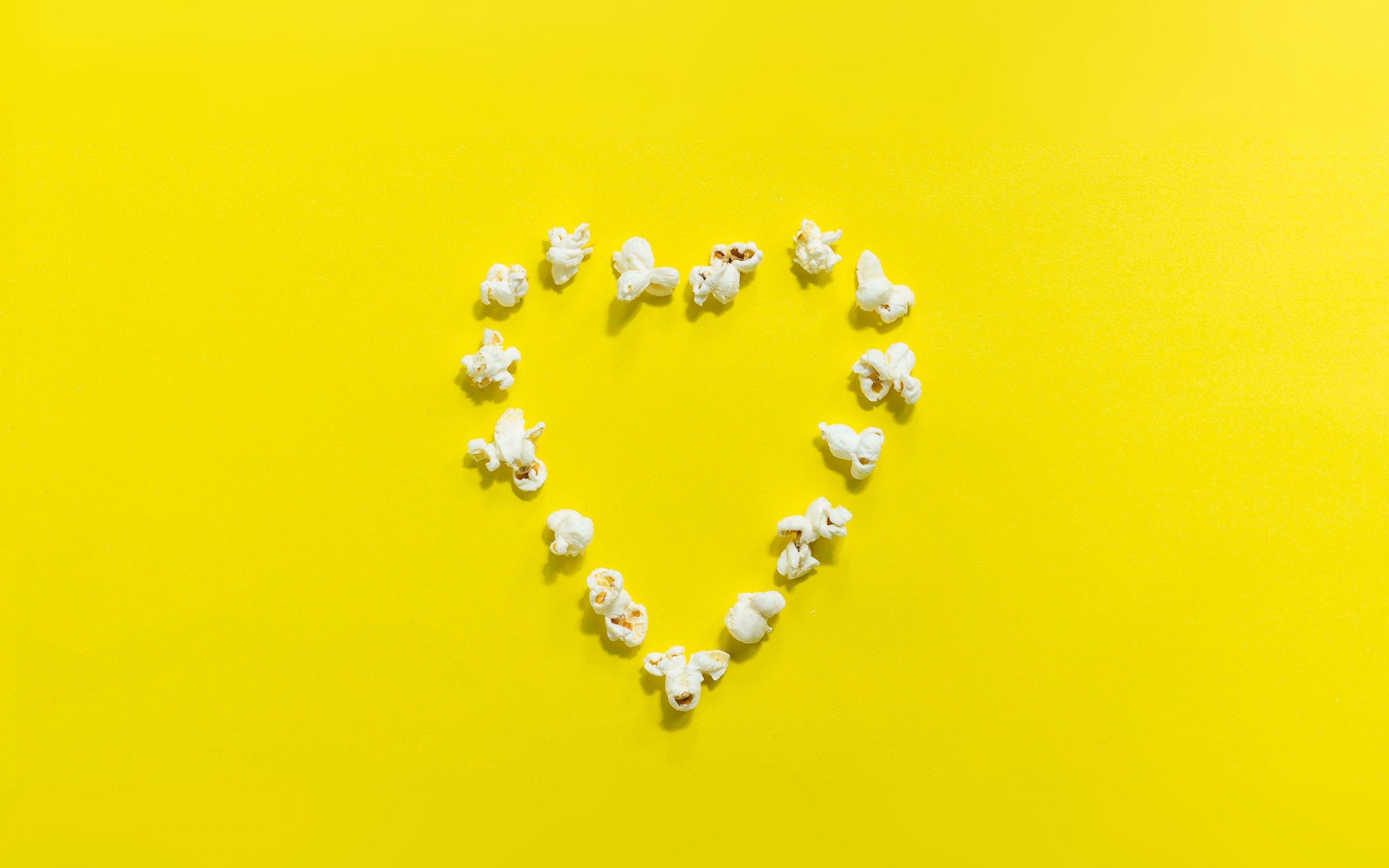 Popcorn, heart shape, yellow background, minimal, 2880x1800 wallpaper
