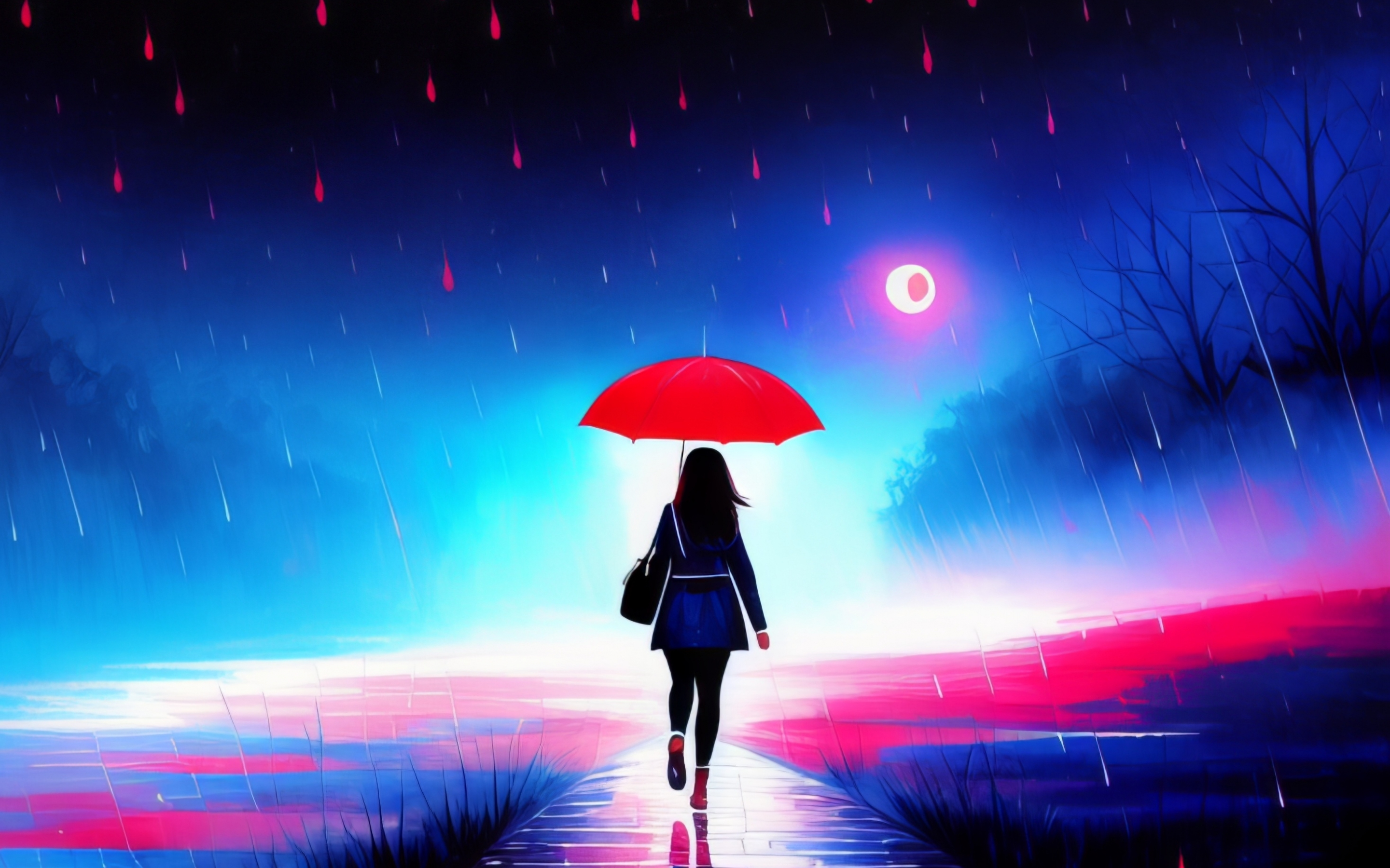 Walk-in rail, a girl with red umbrella, digital art, 2880x1800 wallpaper