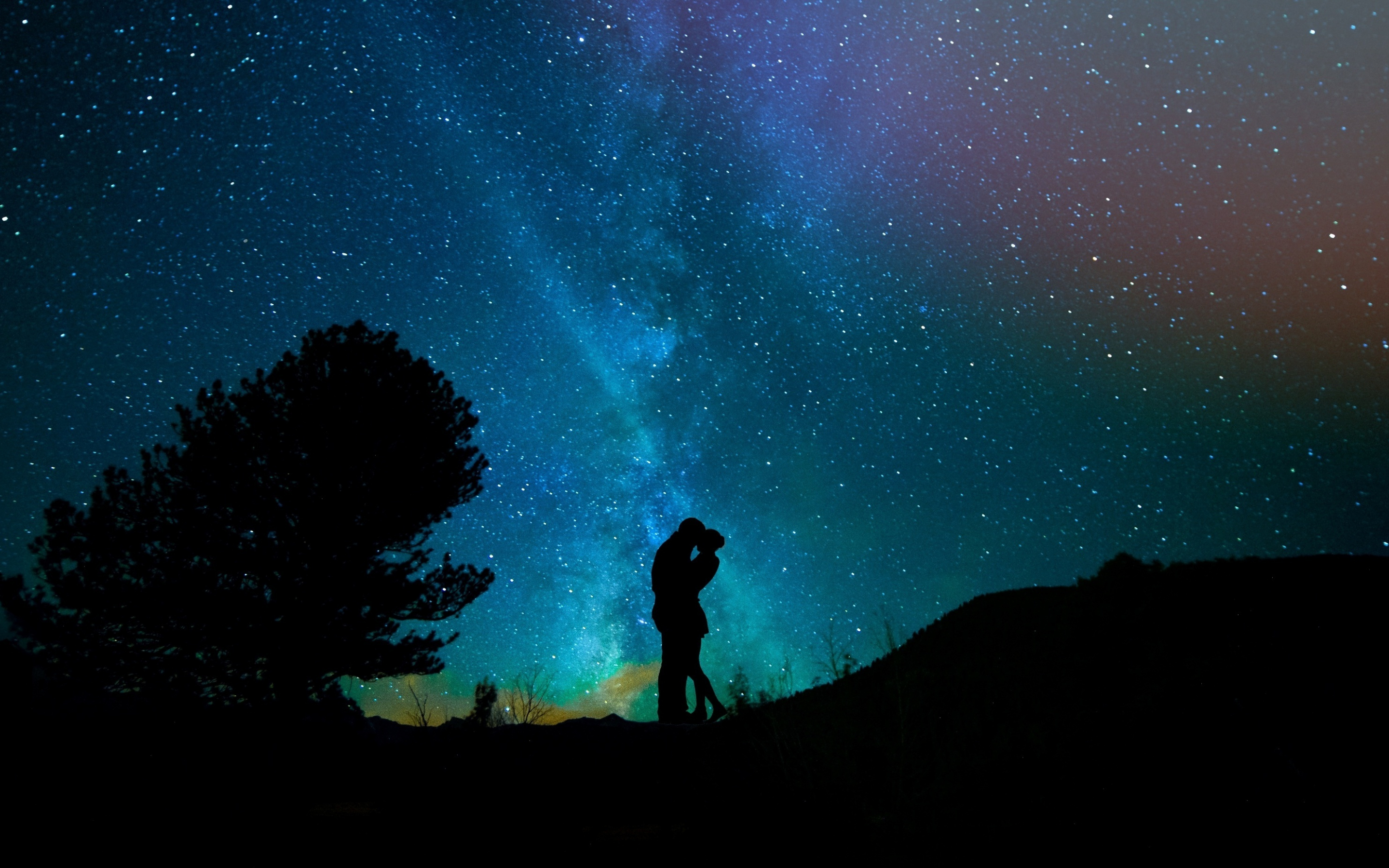 Couple, romantic night, silhouette, starry sky, 2880x1800 wallpaper