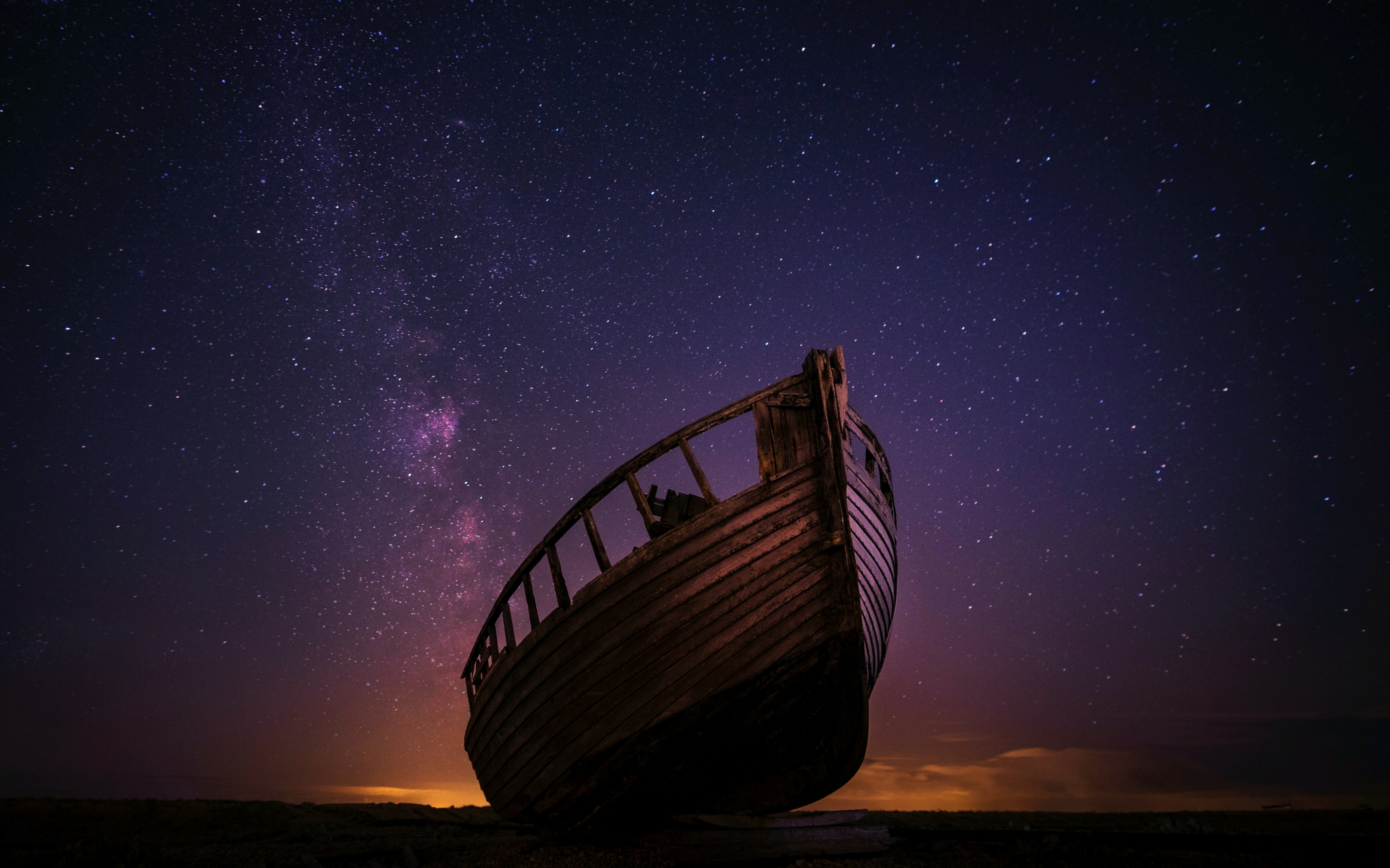 Boat, night, sky, starry night, stars, 2880x1800 wallpaper