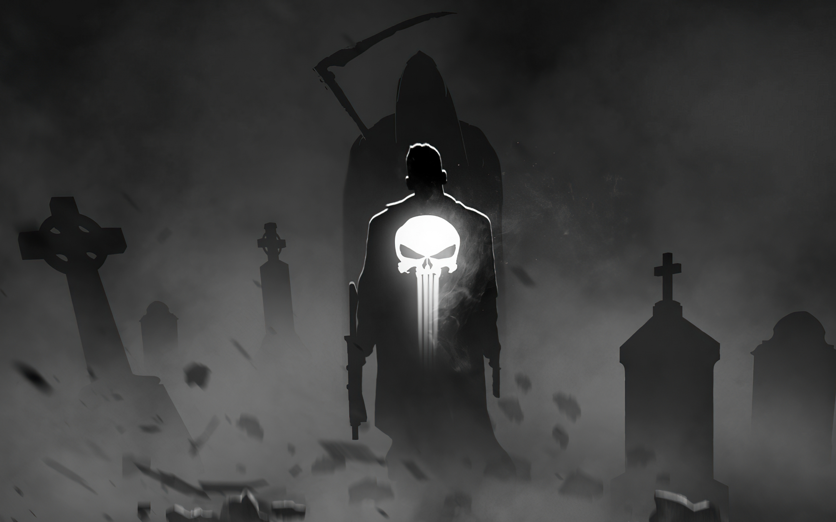 Dark, black & white, superhero, Punisher, 2880x1800 wallpaper