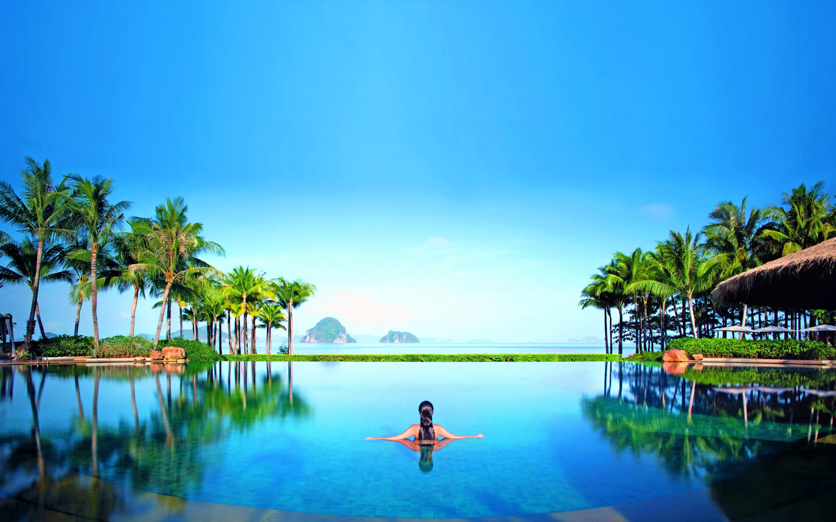 Tropical, swimming pool, woman, holiday, sunny day, sky, 2880x1800 wallpaper