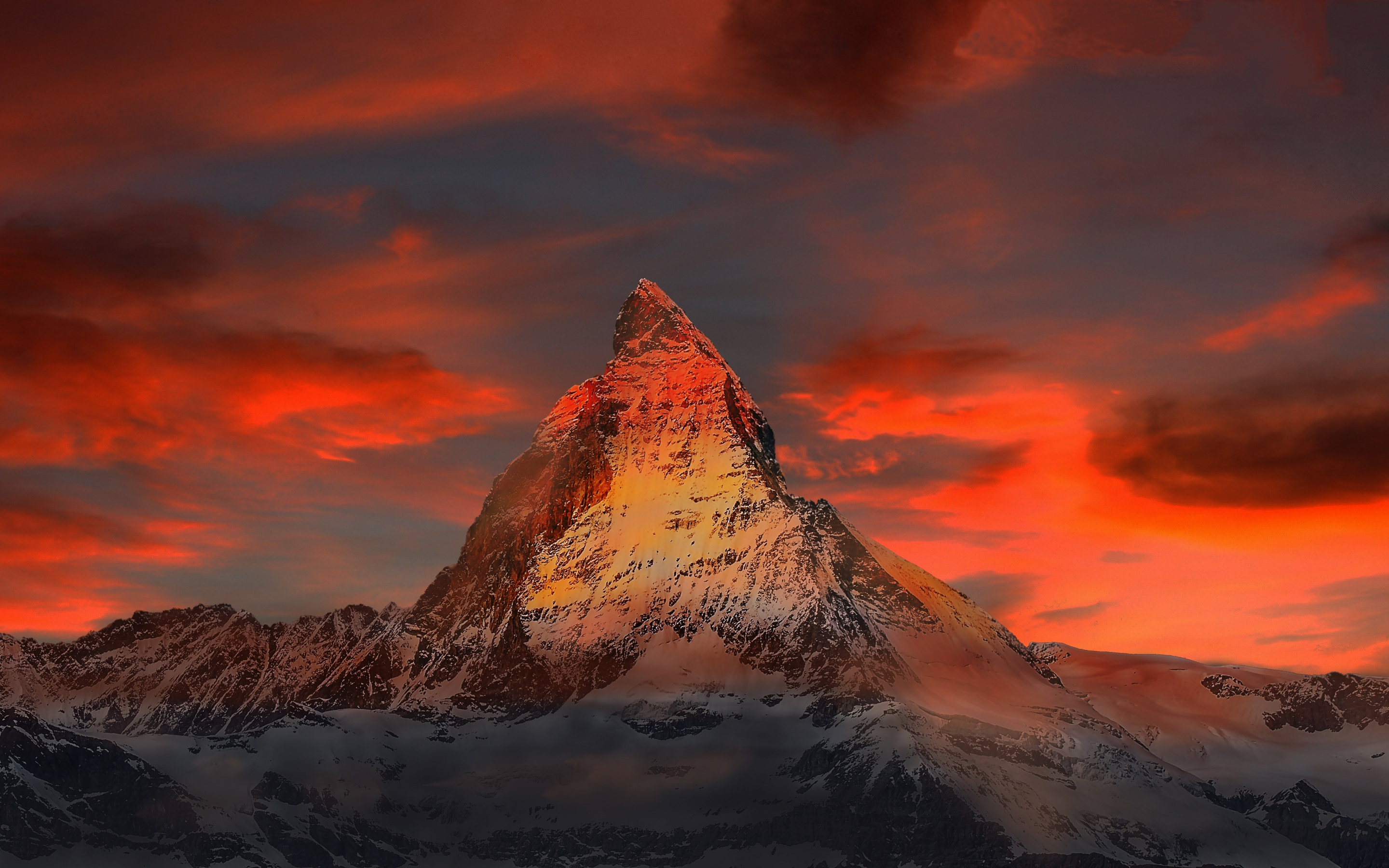 Matterhorn, sunset, clouds, mountains, 2880x1800 wallpaper