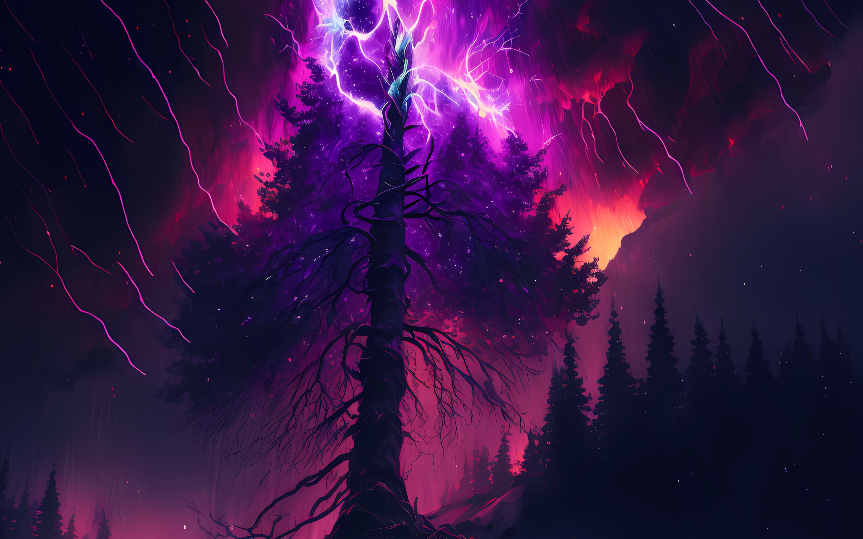Burning tree, clouds, storms, lightings, art, 2880x1800 wallpaper
