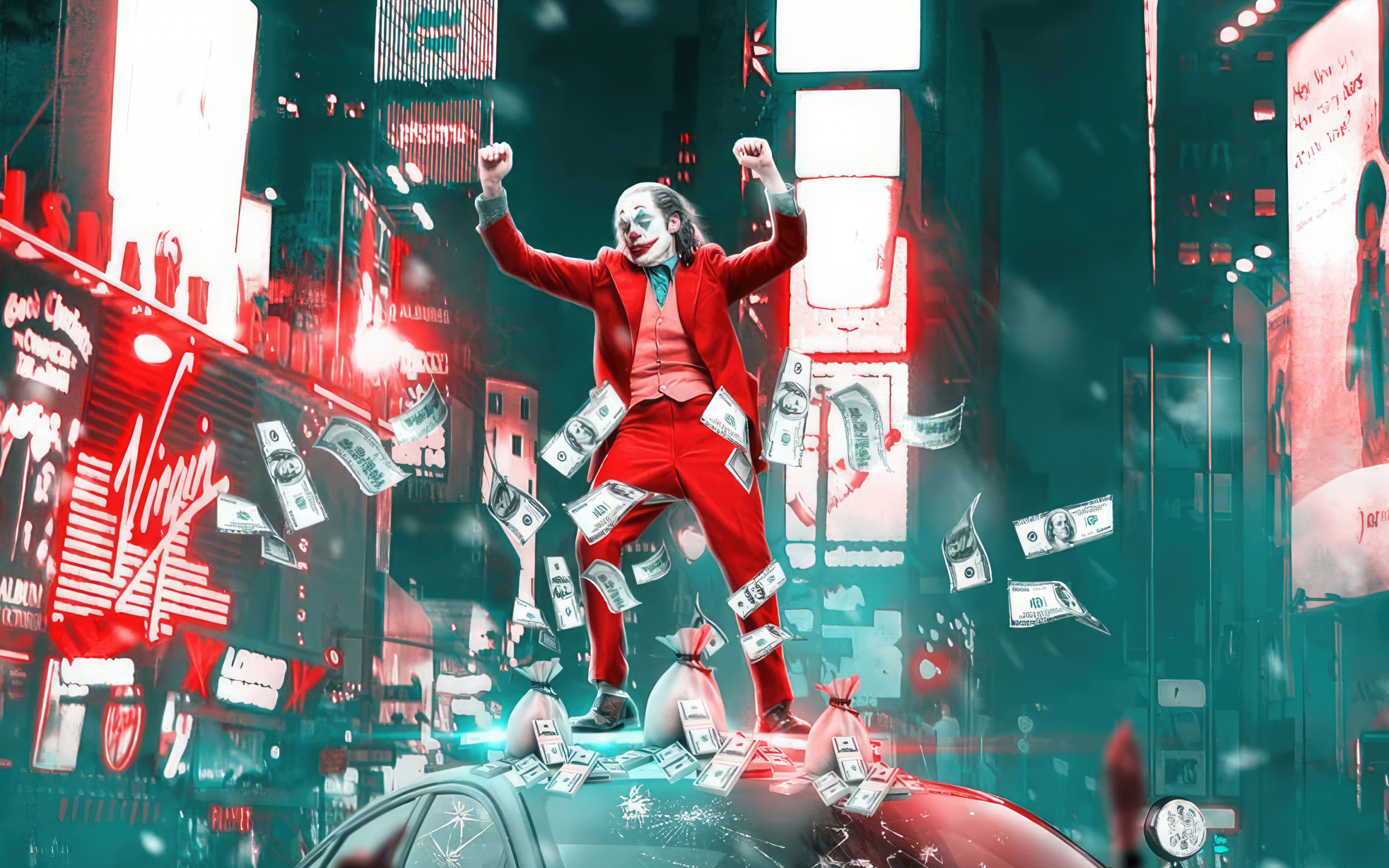 Joker dancing on the police car, looted money, movie art, 2880x1800 wallpaper