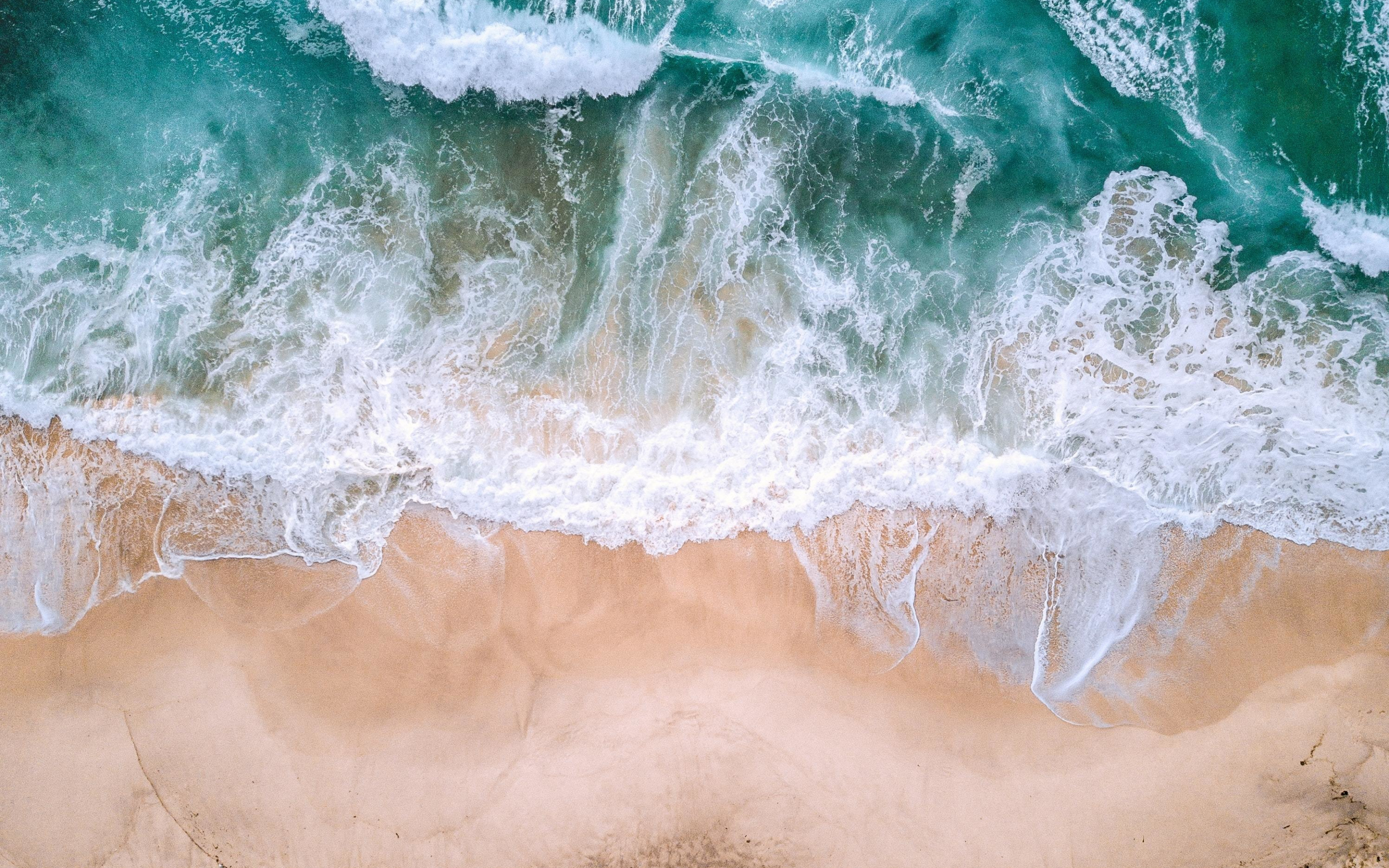 Aerial view, sea waves, beach, green white, 2880x1800 wallpaper