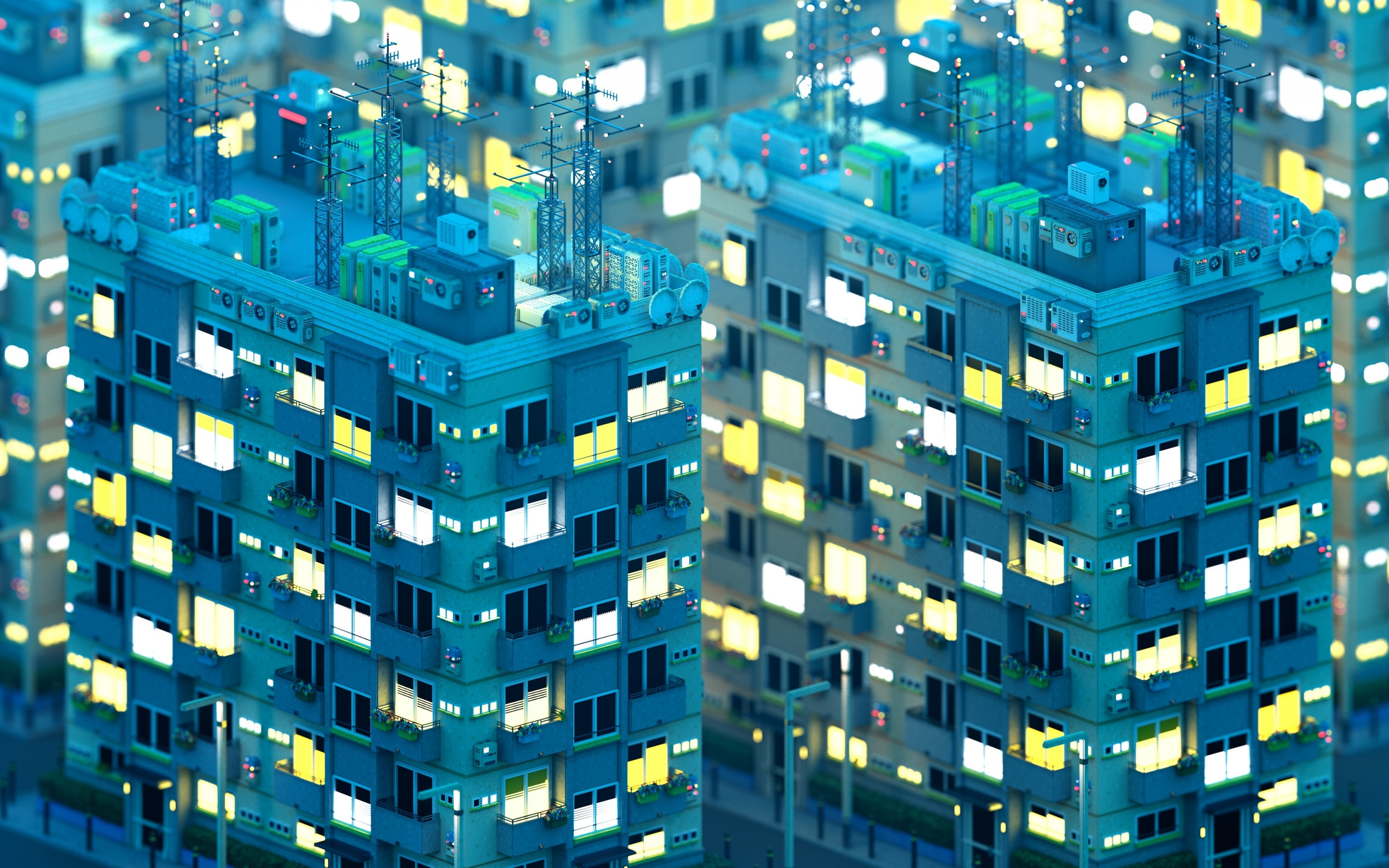 Blue buildings, modern city, digital art, 2880x1800 wallpaper