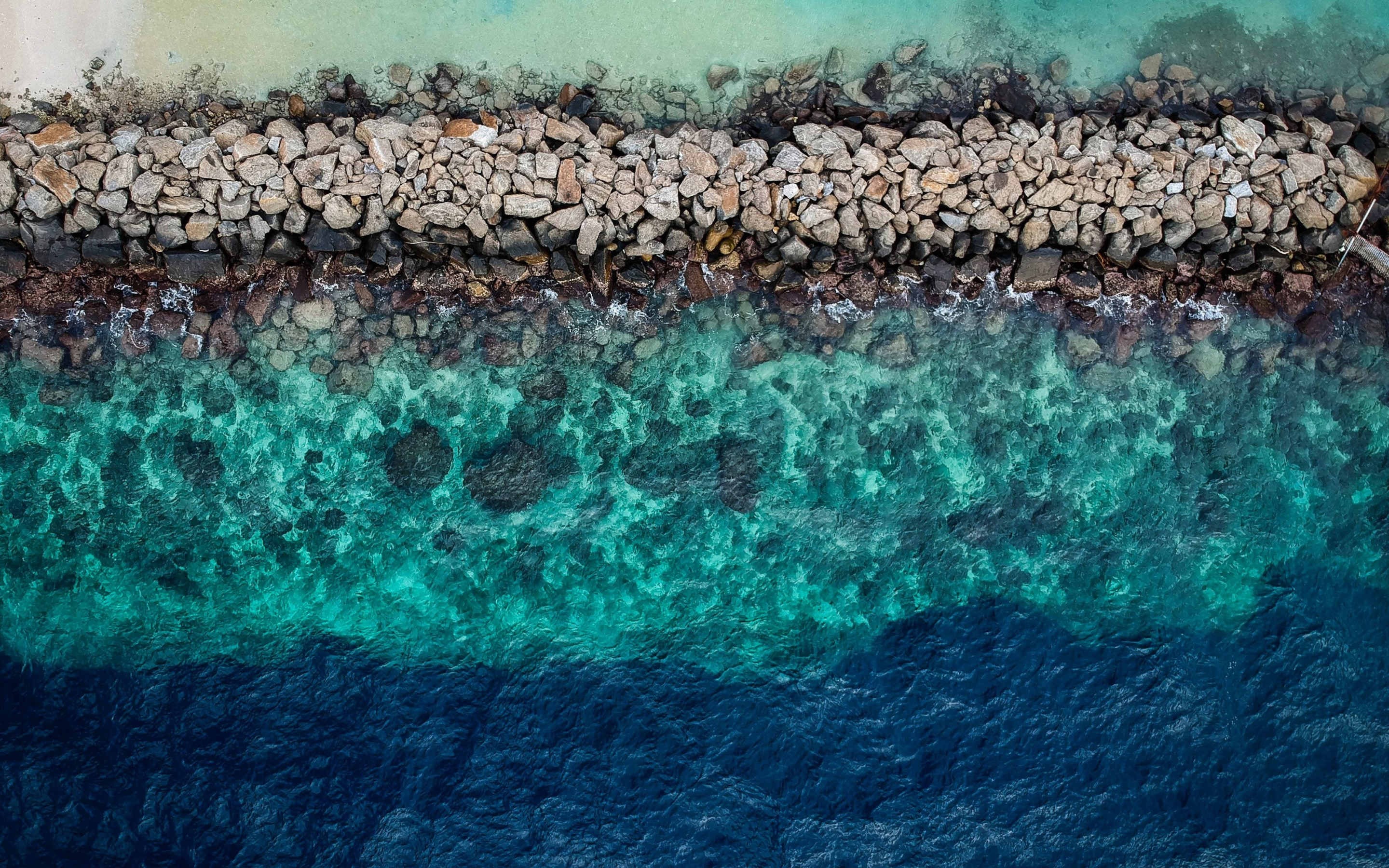 Blue green water, aerial view, rocks, coast, 2880x1800 wallpaper