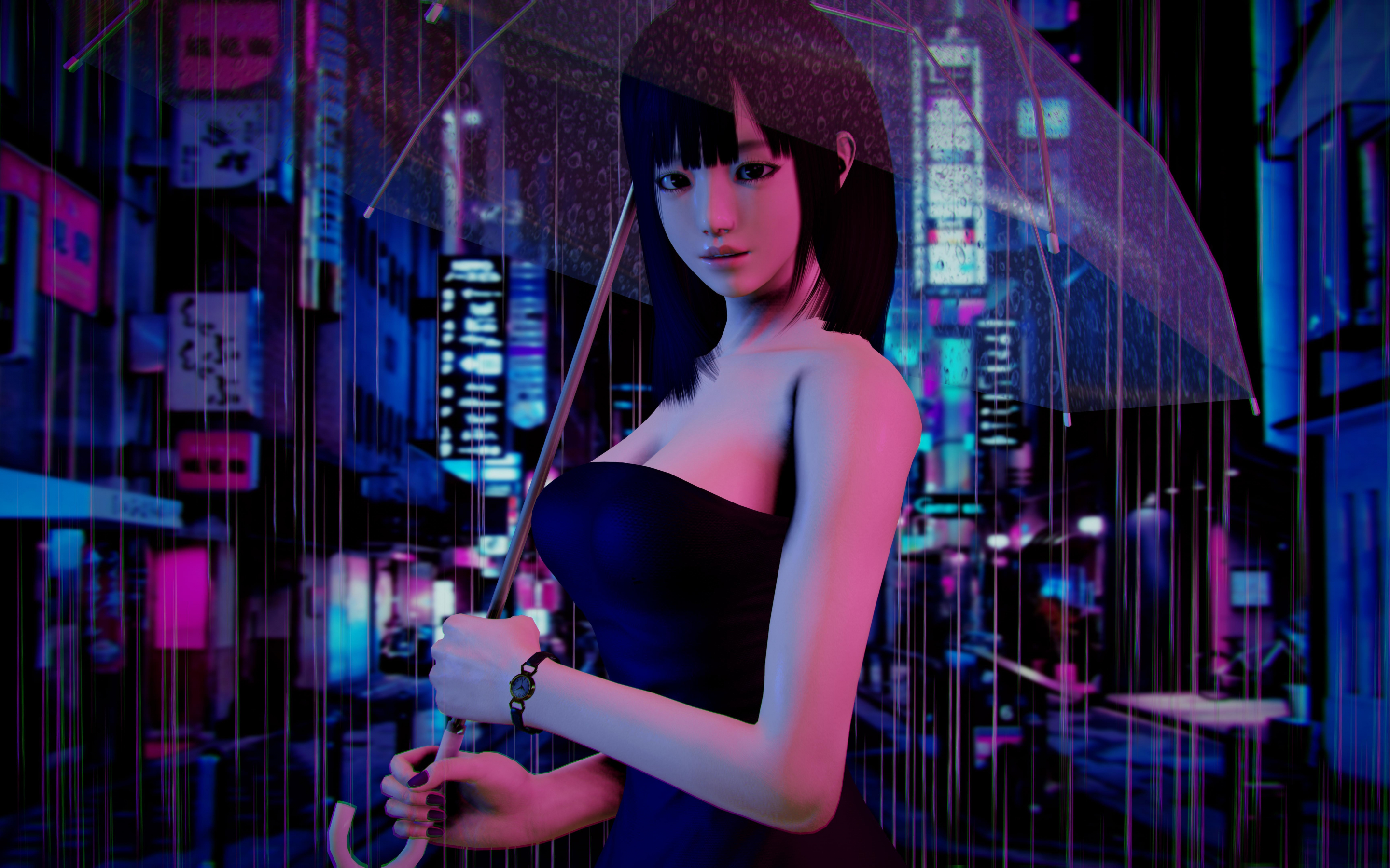 Honey select studio, video game, rain, umbrella, 2880x1800 wallpaper