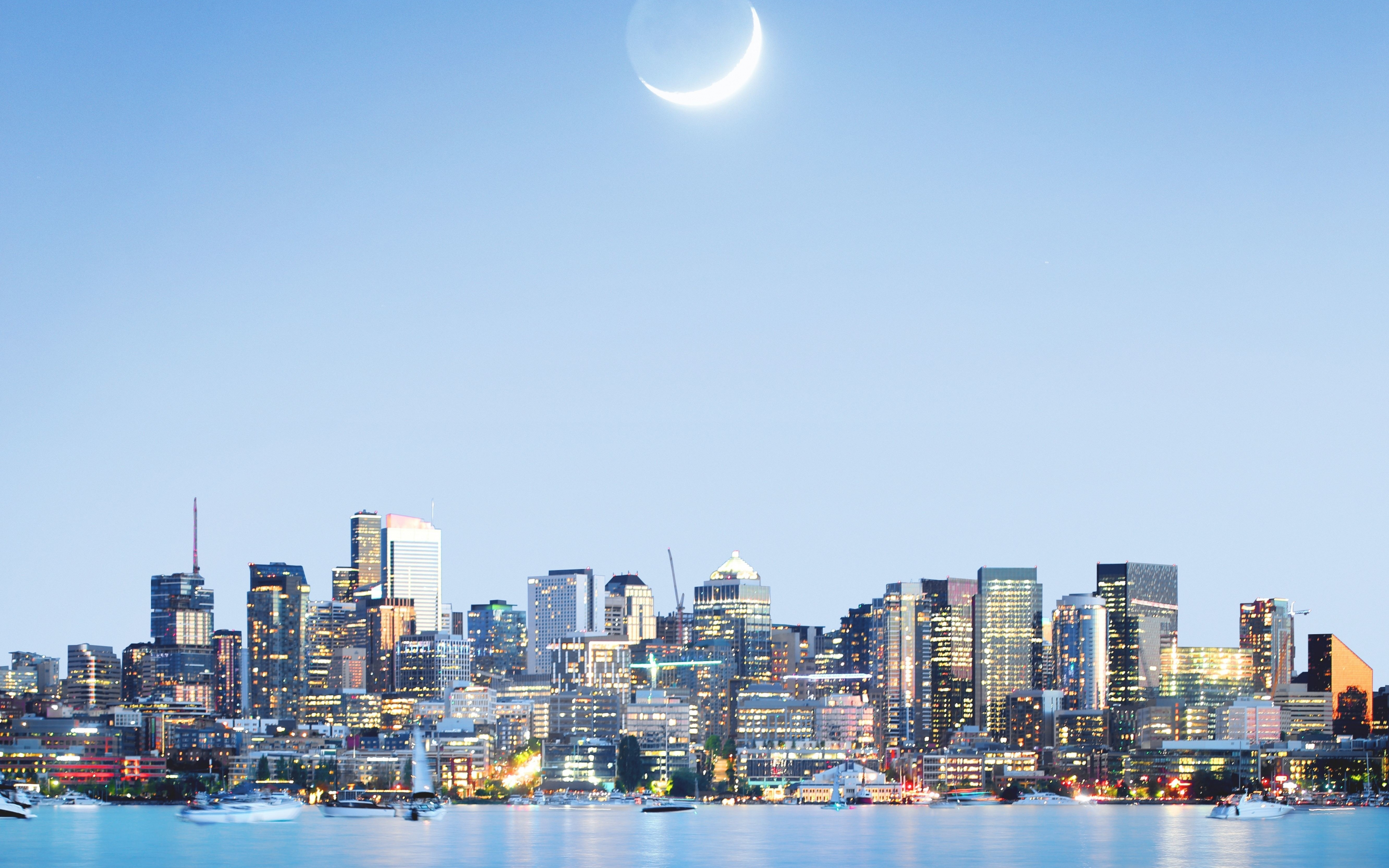 Seattle, cityscape, blue sky, night, 2880x1800 wallpaper