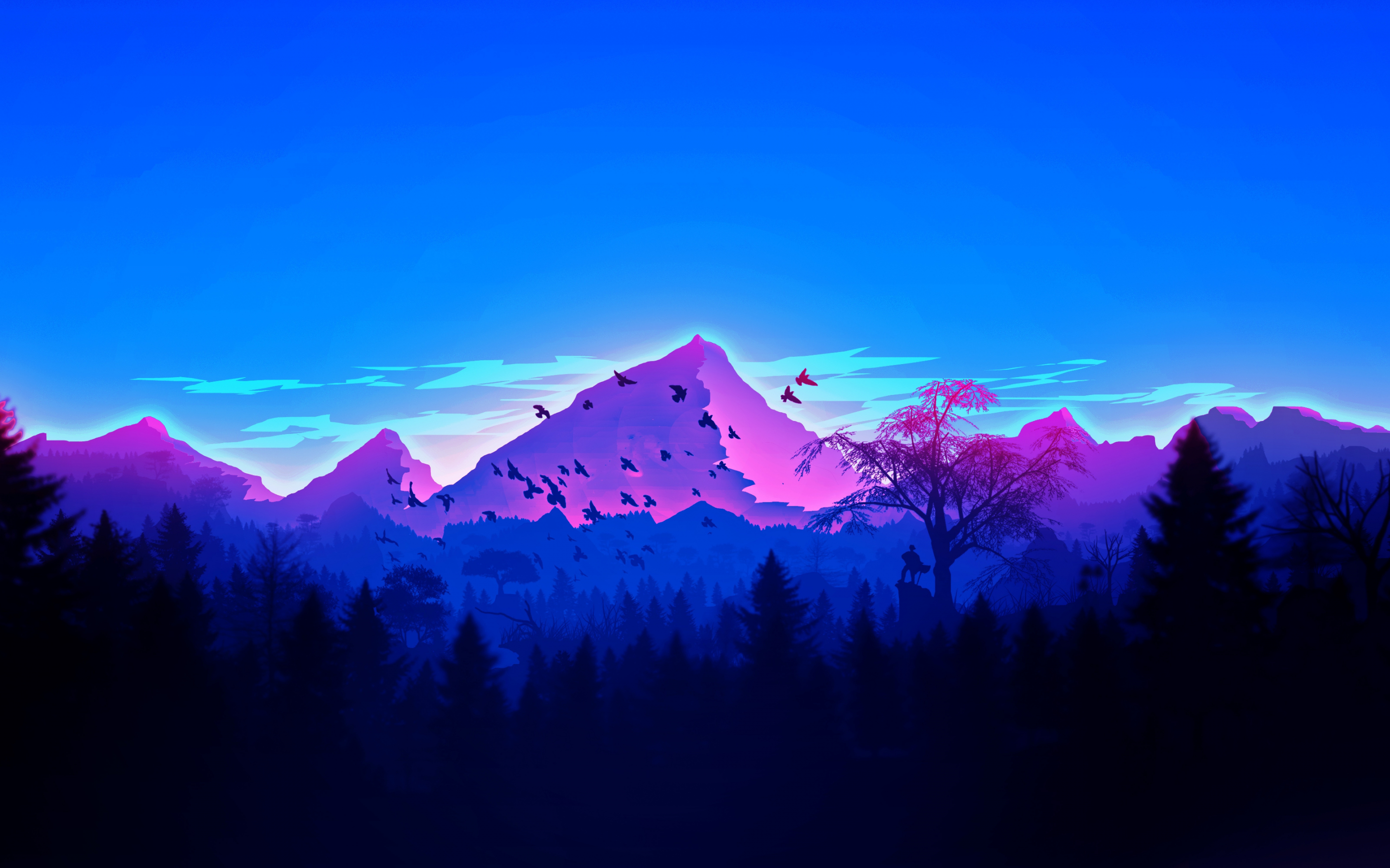 Mountain, peaks, birds, horizon, digital art, 2880x1800 wallpaper