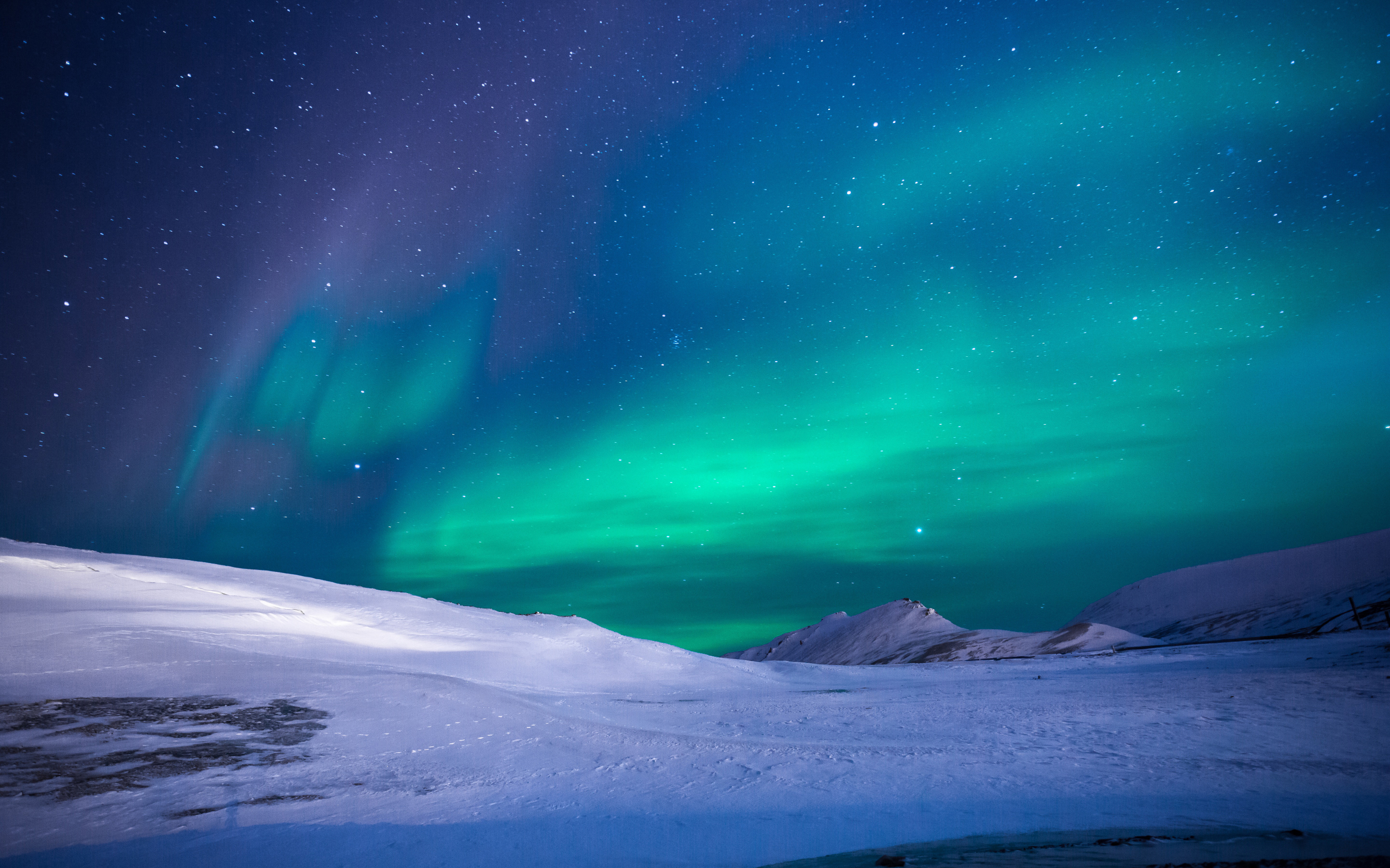 Aurora, green sky, northern light, glacier, 2880x1800 wallpaper