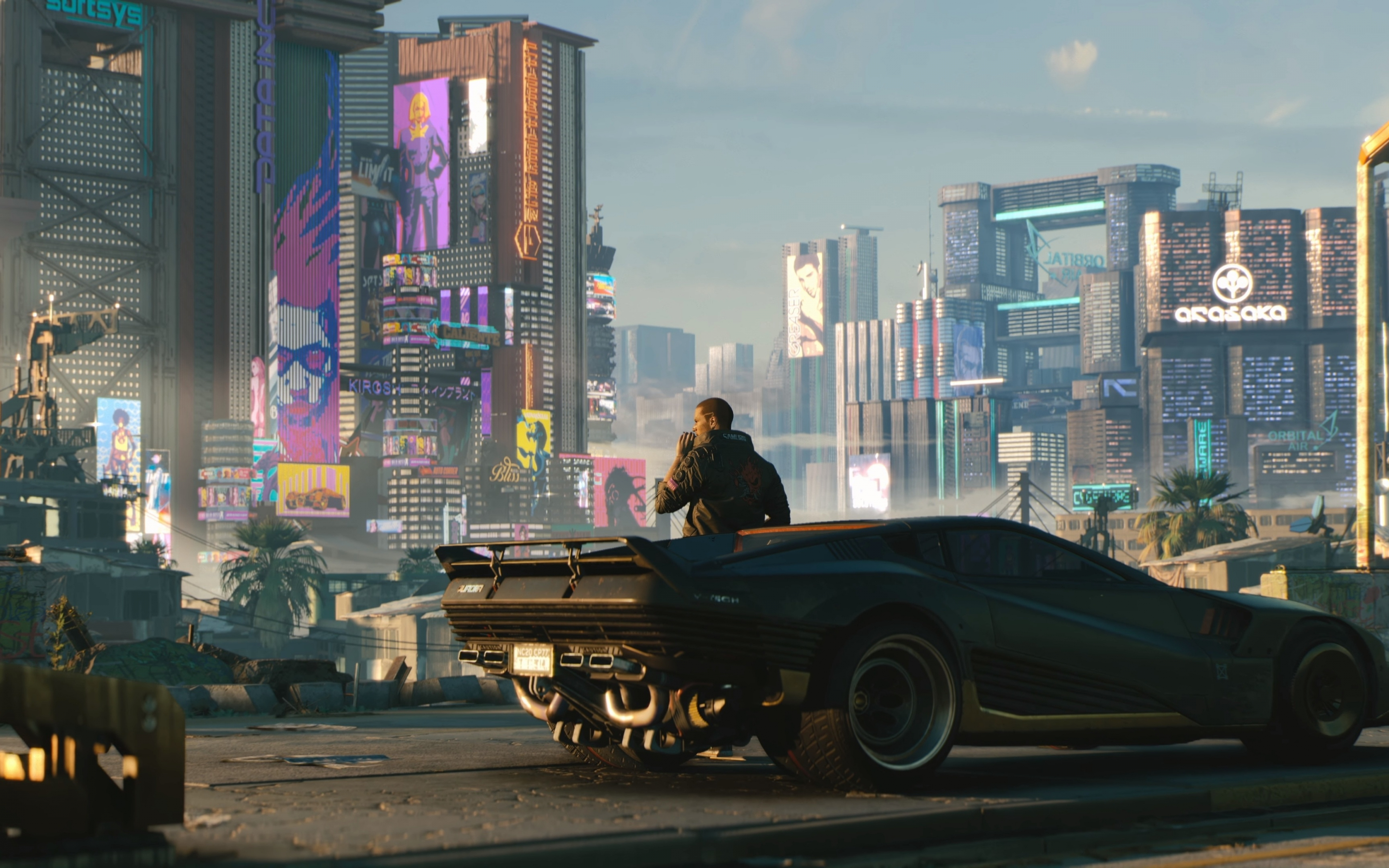 Cyberpunk 2077, man with future car, video game, 2880x1800 wallpaper