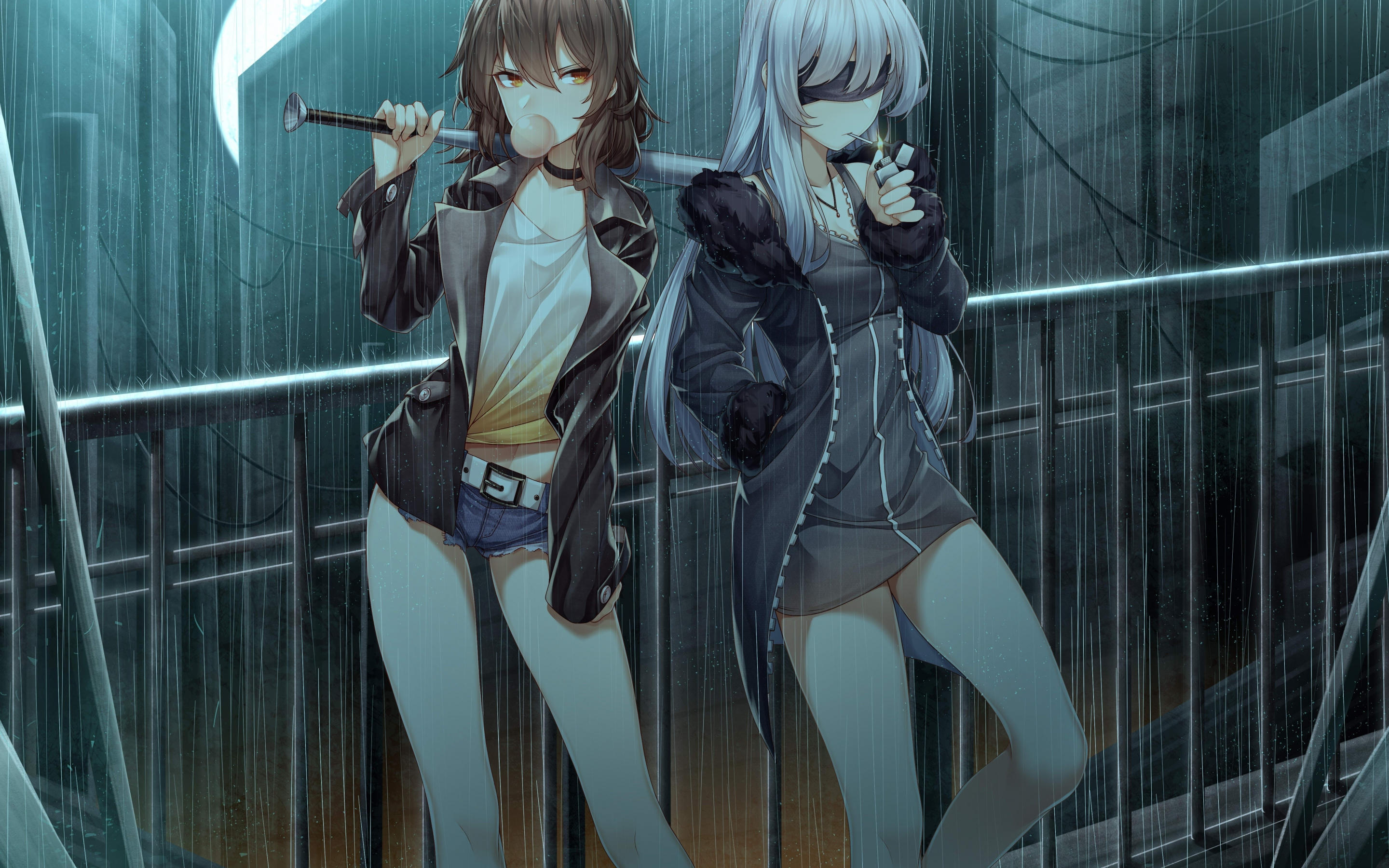 Anime girls, original, rain, art, 2880x1800 wallpaper