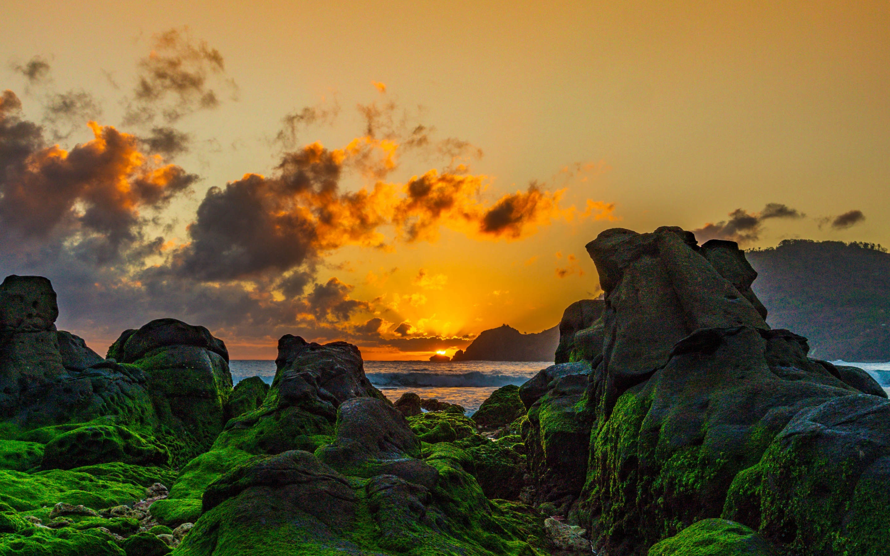 Sunset, coast, beautiful rocks, moss, 2880x1800 wallpaper