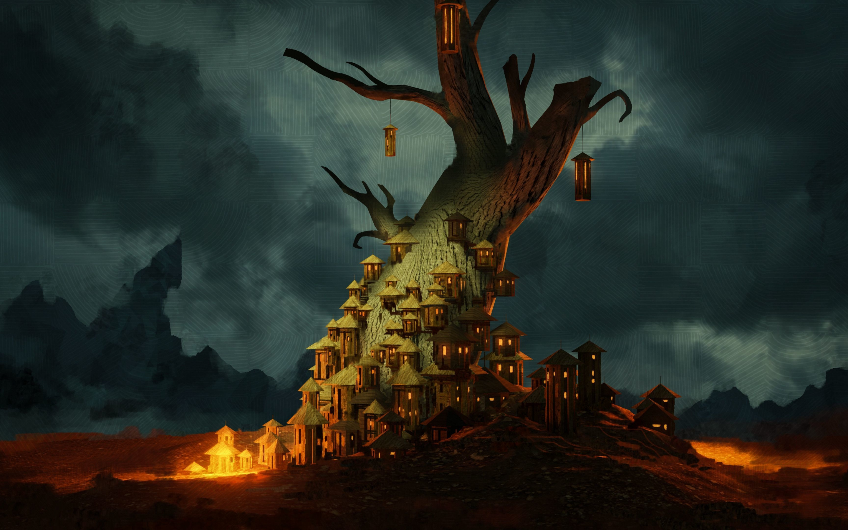 Lanterns, fairytale, tree, fantasy, 2880x1800 wallpaper