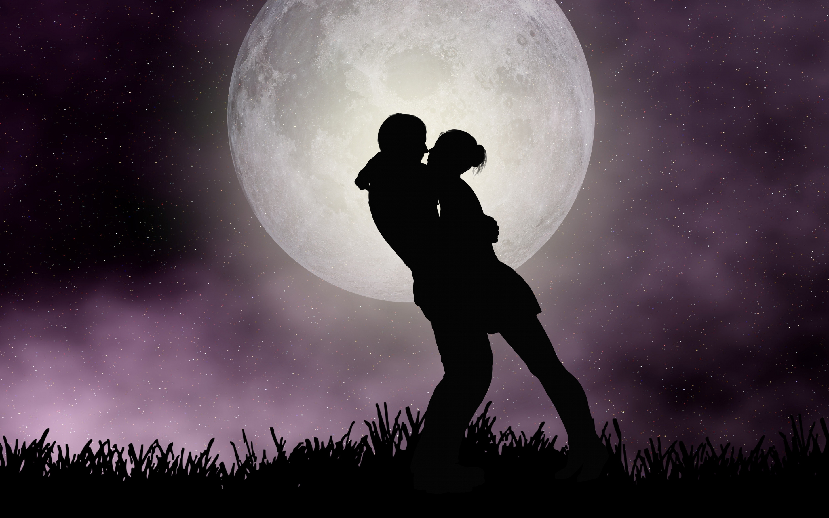 Moon, romantic night, couple, silhouette, art, 2880x1800 wallpaper