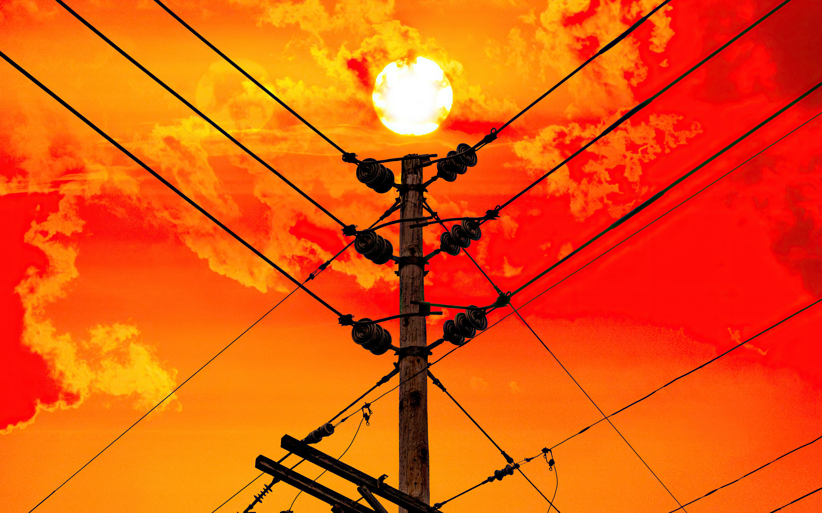 Electric wires, pole, sunset, 2880x1800 wallpaper