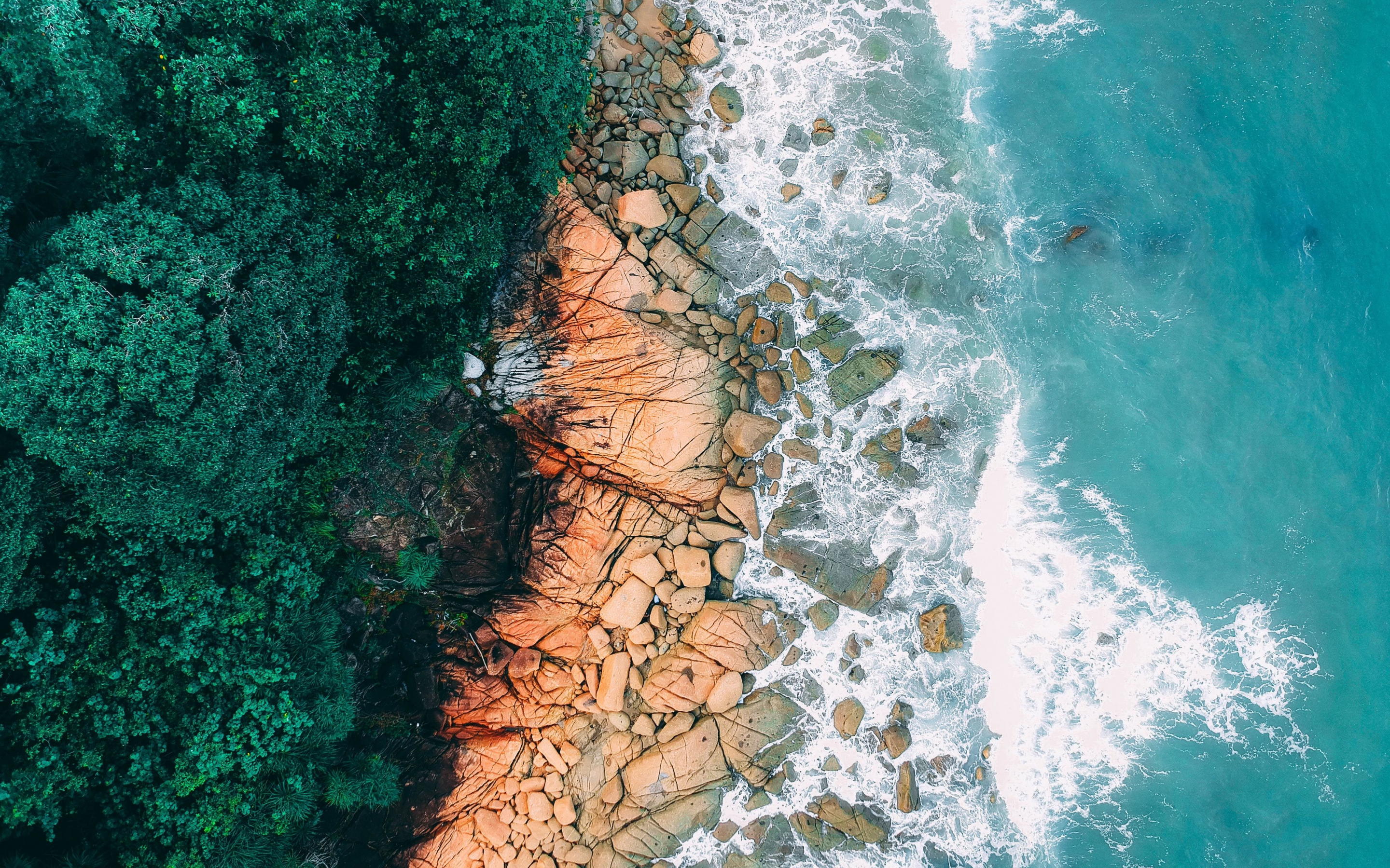 Rocks, seashore, coast, beach, aerial view, 2880x1800 wallpaper