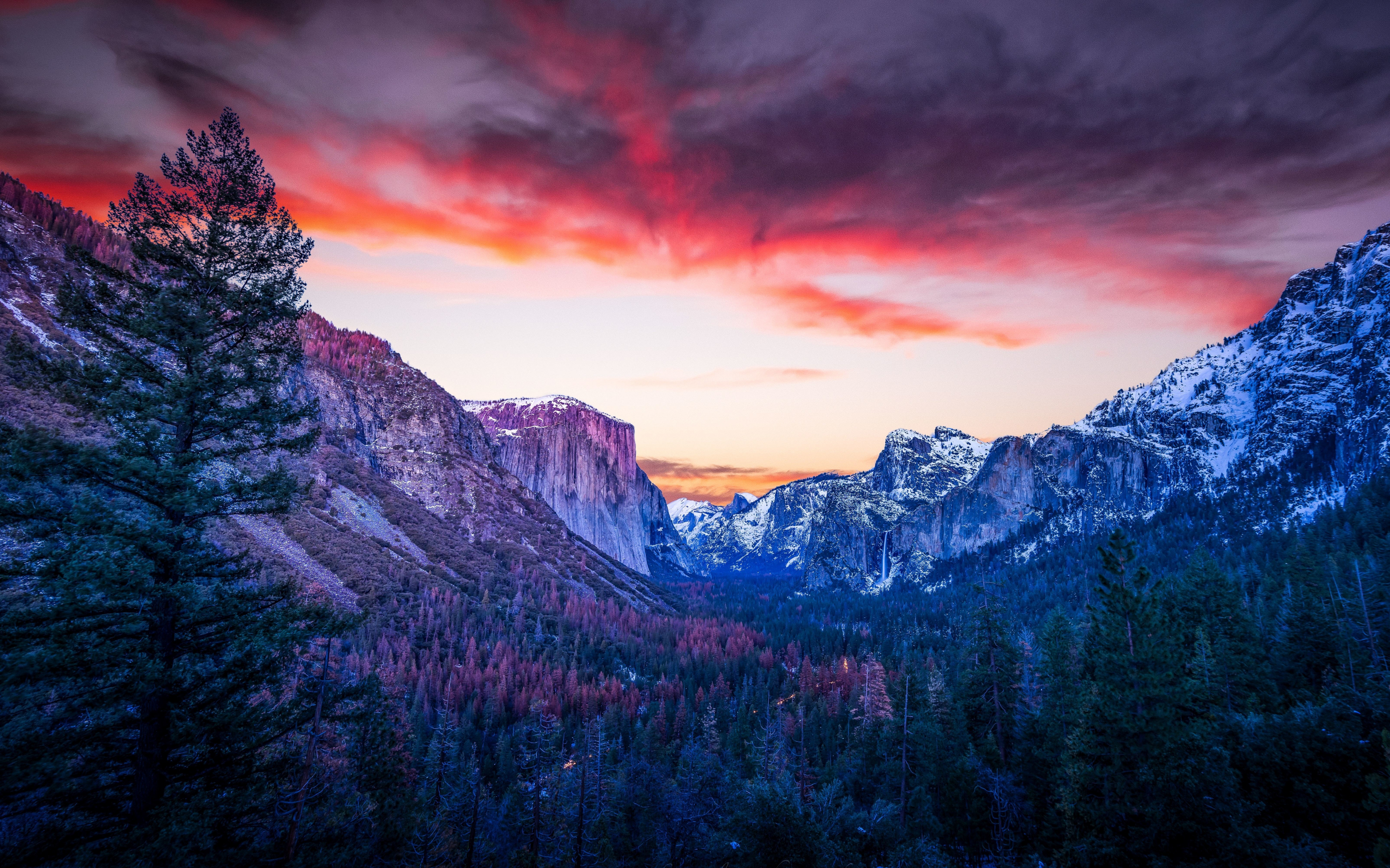 Mountains, forest, twilight, Yosemite Valley, 2880x1800 wallpaper