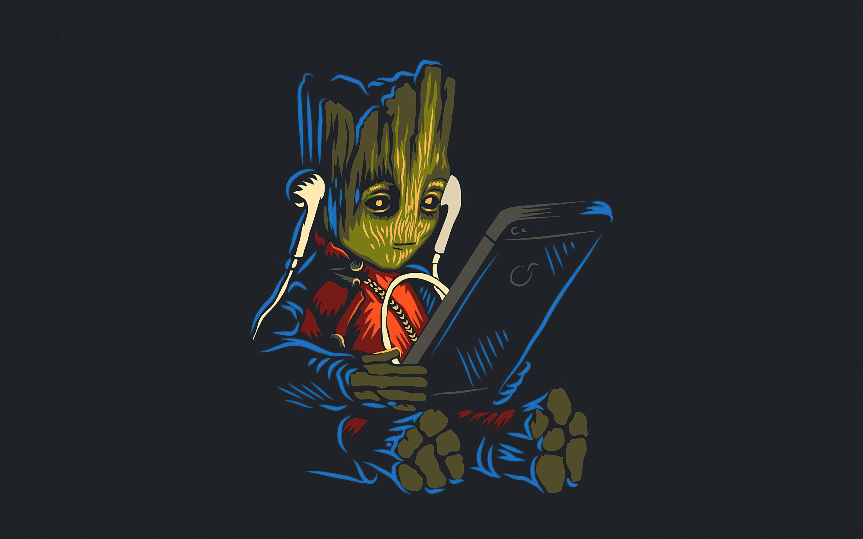 Baby Groot, Listening music on phone, fan art, 2880x1800 wallpaper