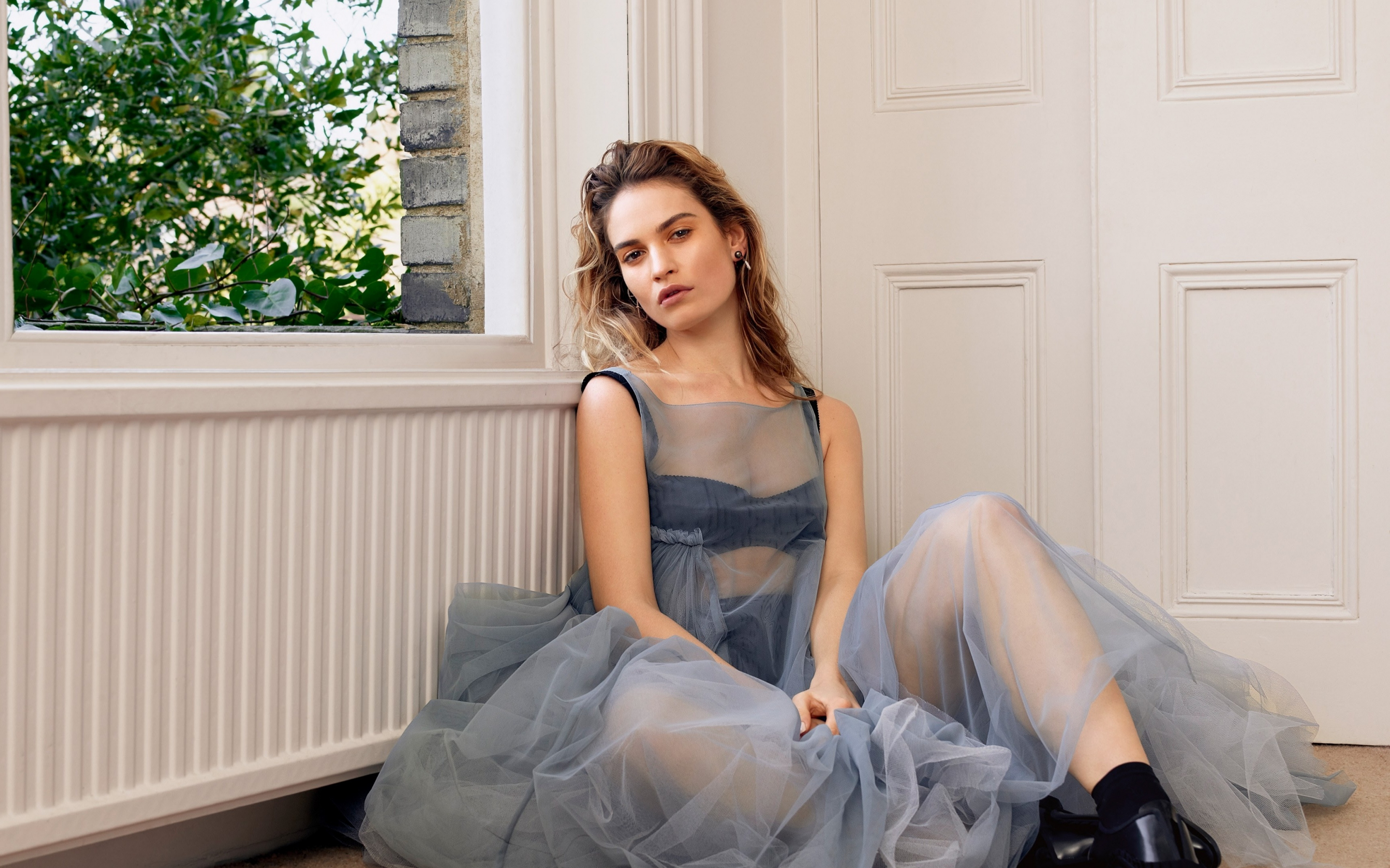 Lily James, sit, ligth blue dress, photoshoot, Allure, 2018, 2880x1800 wallpaper