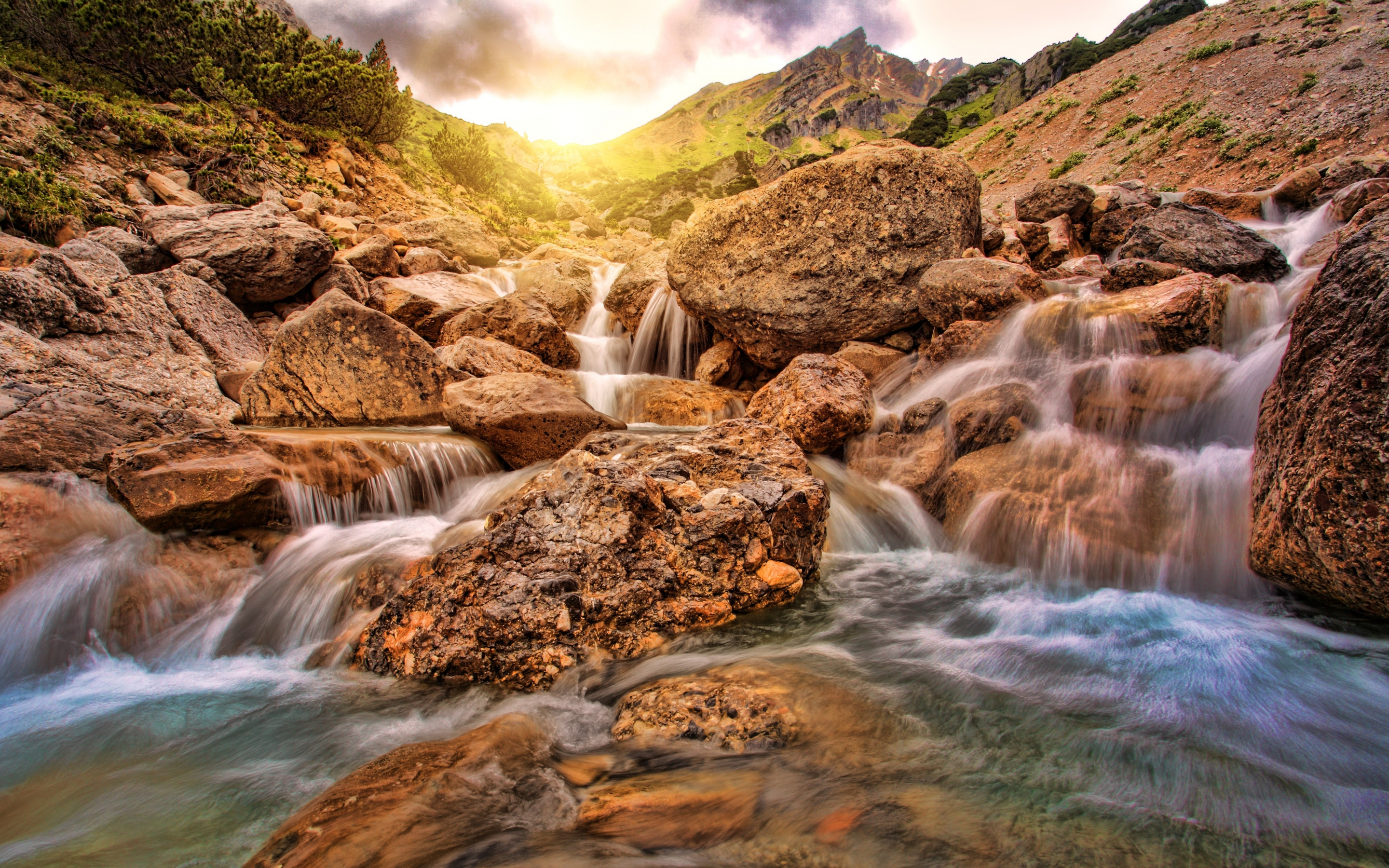 Waterfall, rocks, sunlight, water stream, Austria, 2880x1800 wallpaper