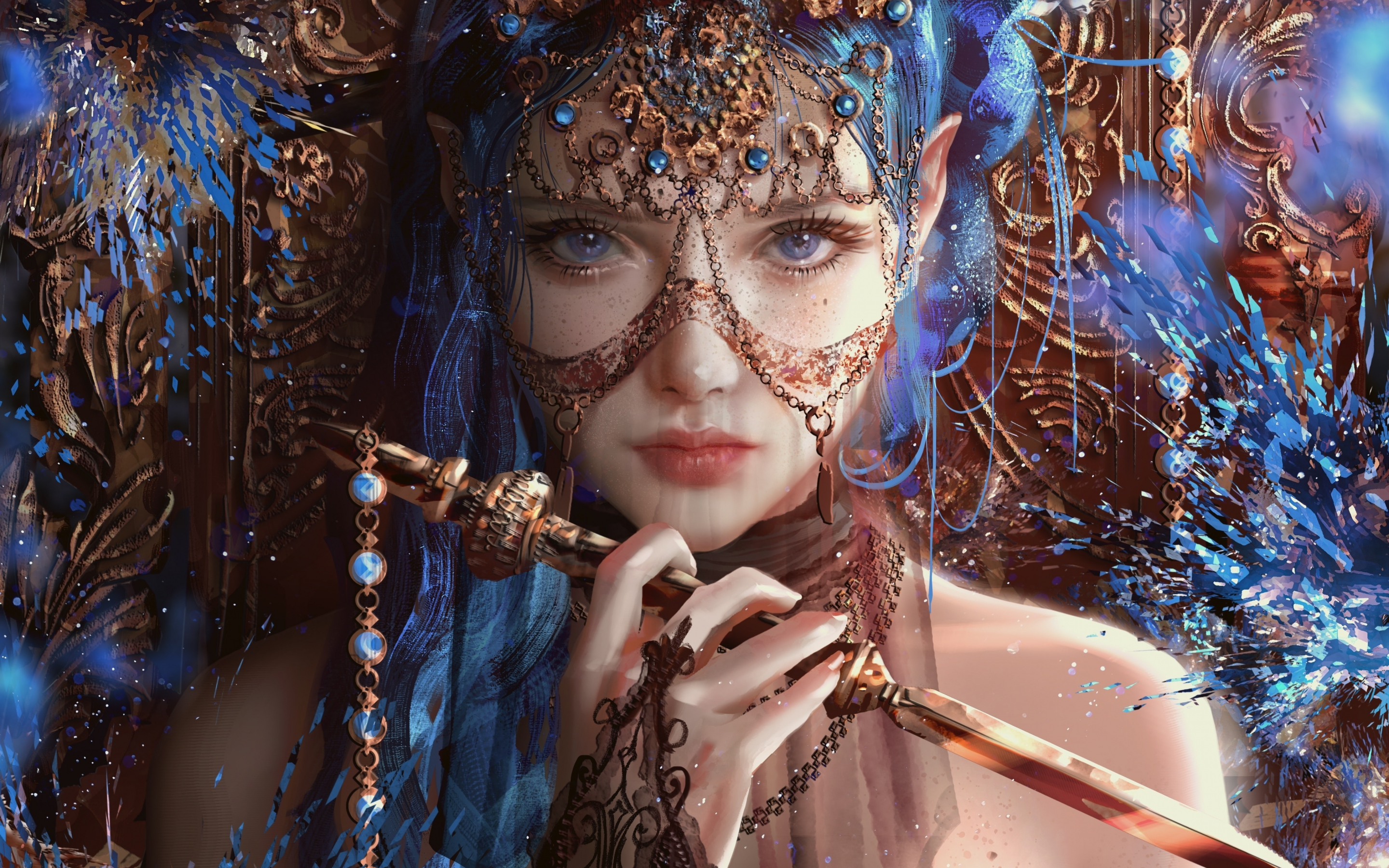 Woman in jewelry, fantasy, blue hair, art, 2880x1800 wallpaper