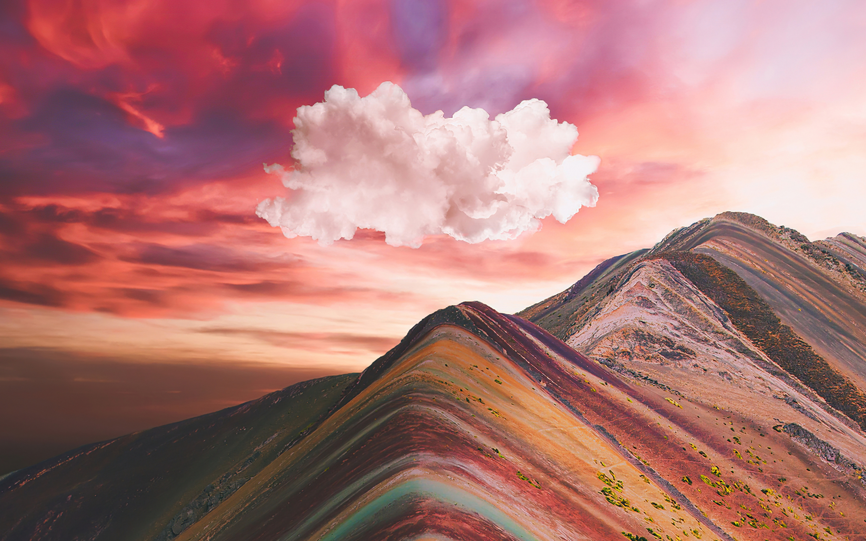 Clouds over vinicunca rainbow mountain, nature, sunset, 2880x1800 wallpaper