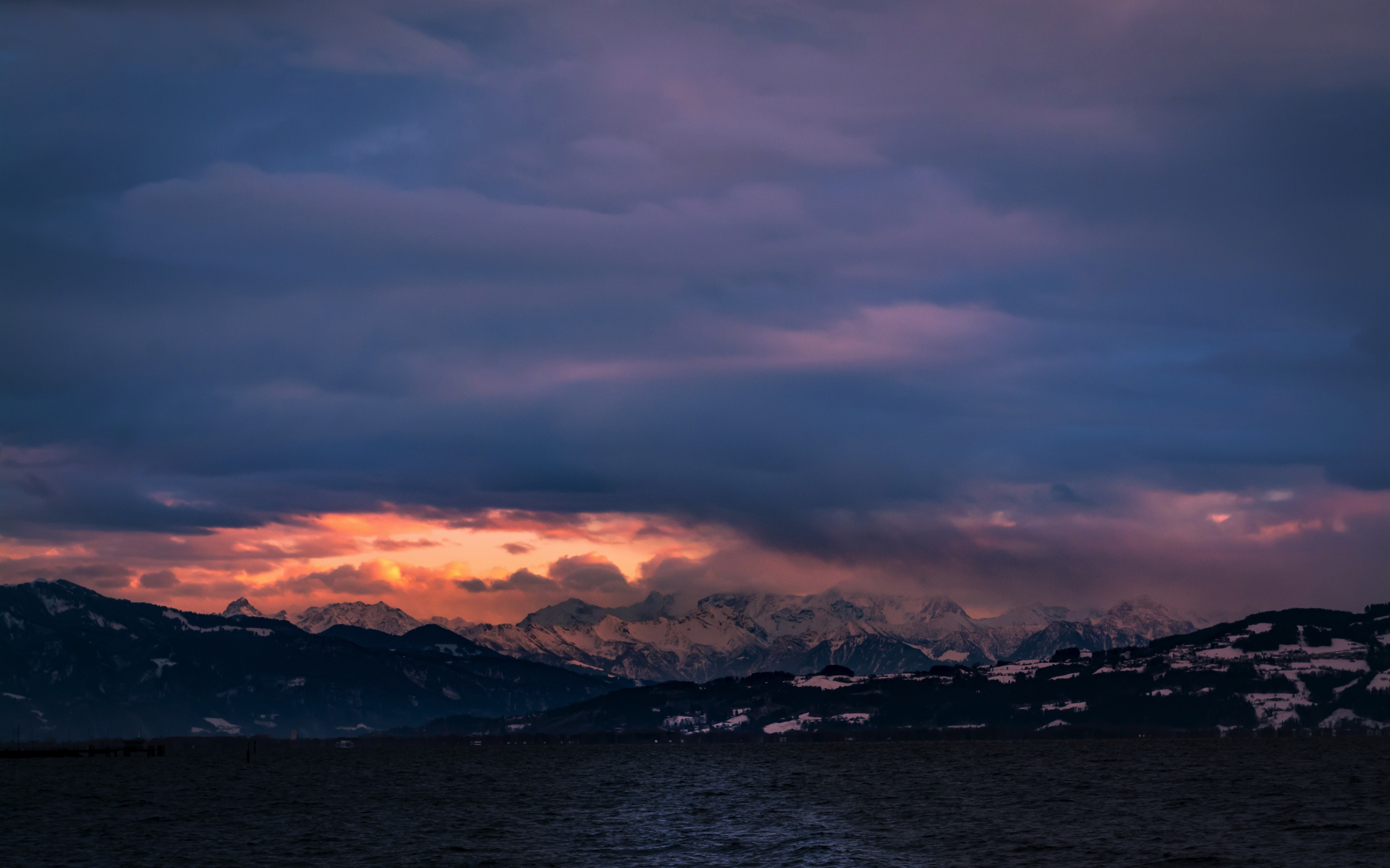 Clouds, sunset, mountains, sea, nature, 2880x1800 wallpaper