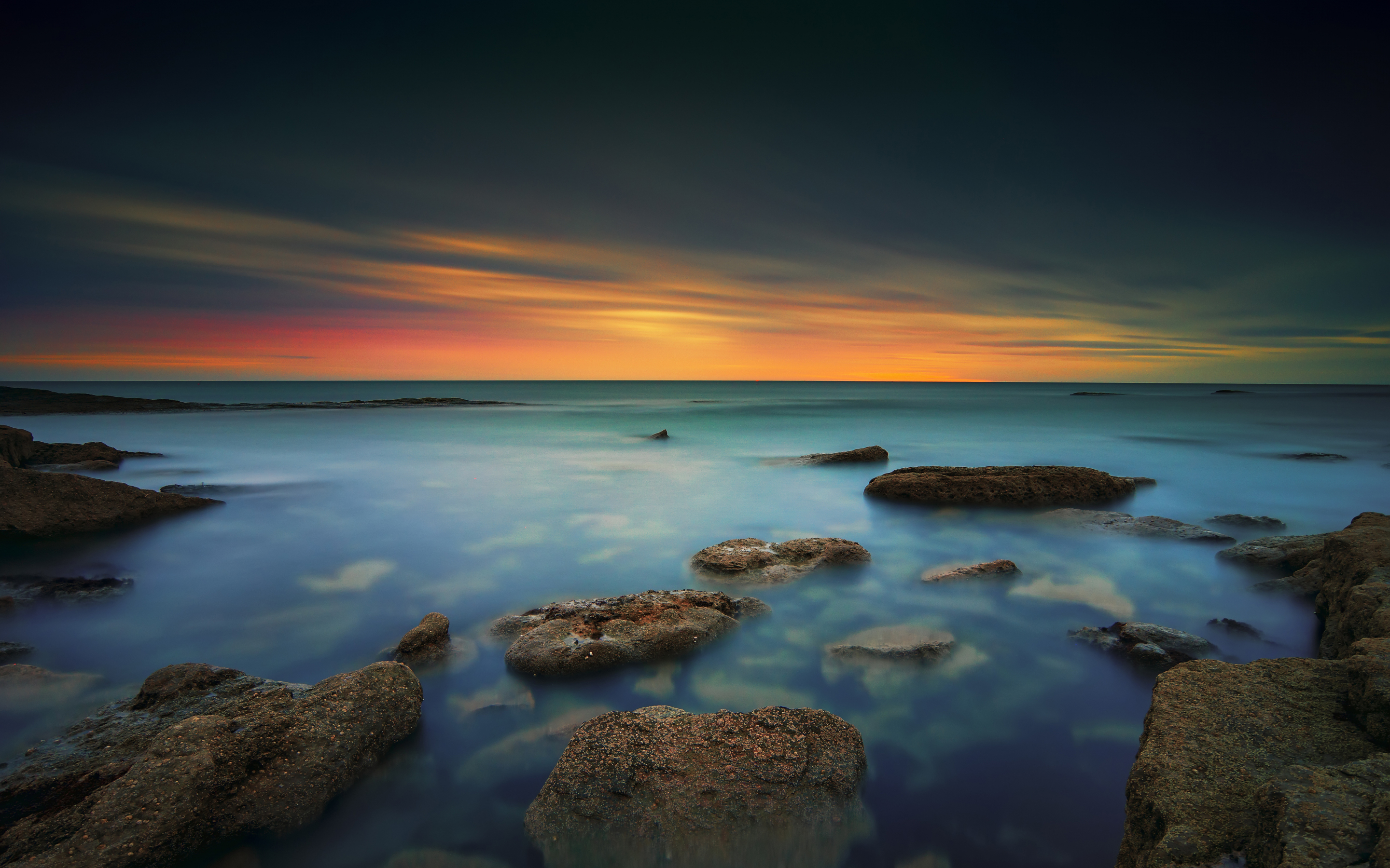 Yorkshire coast, rocks, sunset, 2880x1800 wallpaper