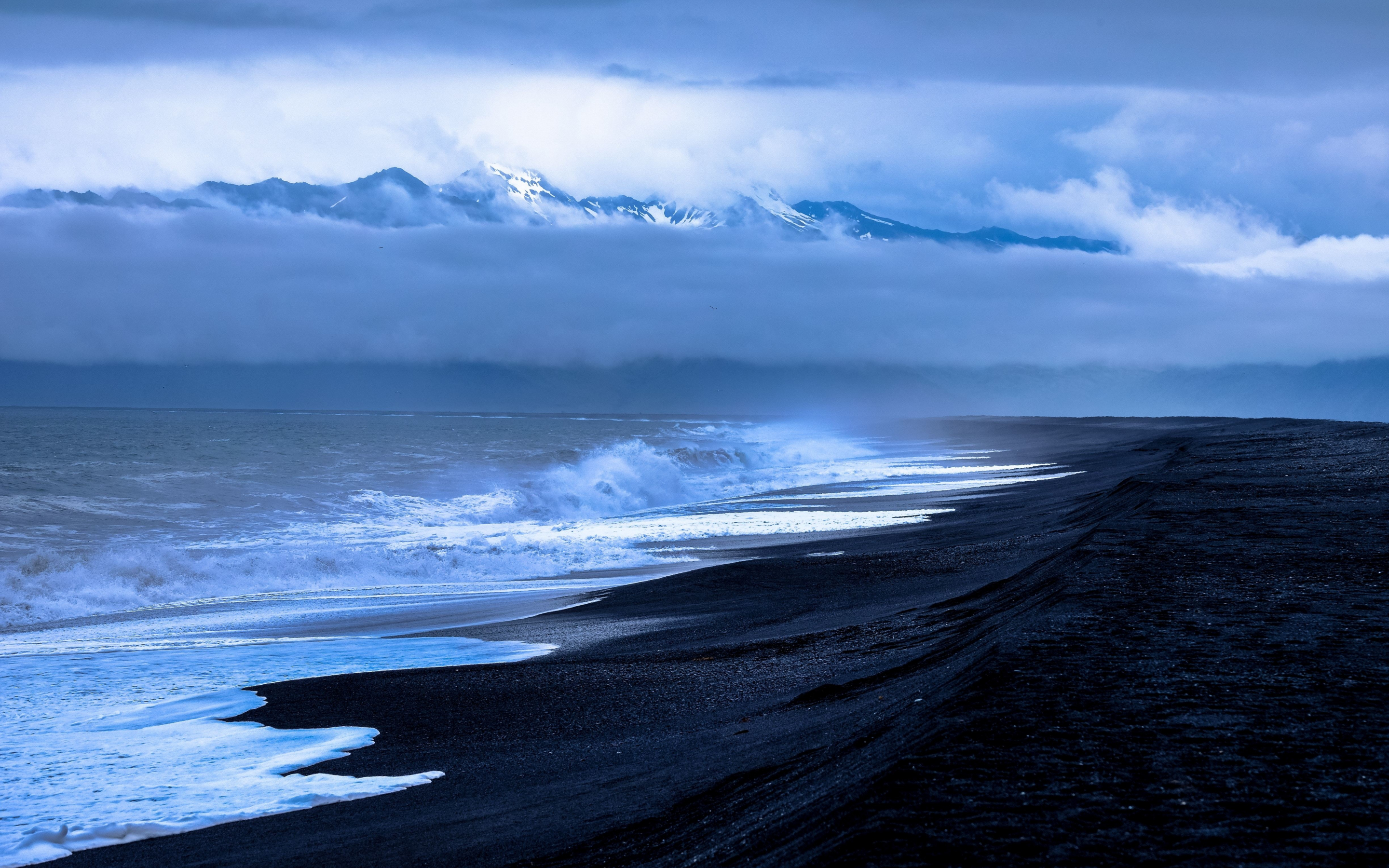 Black beach, clouds, sea waves, nature, 2880x1800 wallpaper