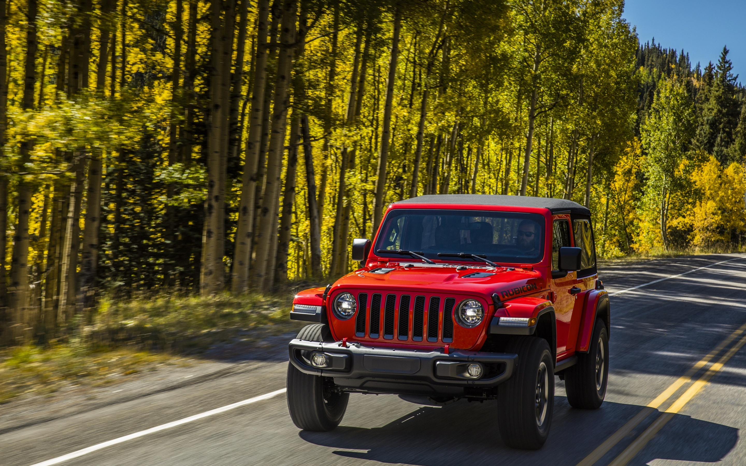 Red Jeep Wrangler, suv, on road, 2880x1800 wallpaper