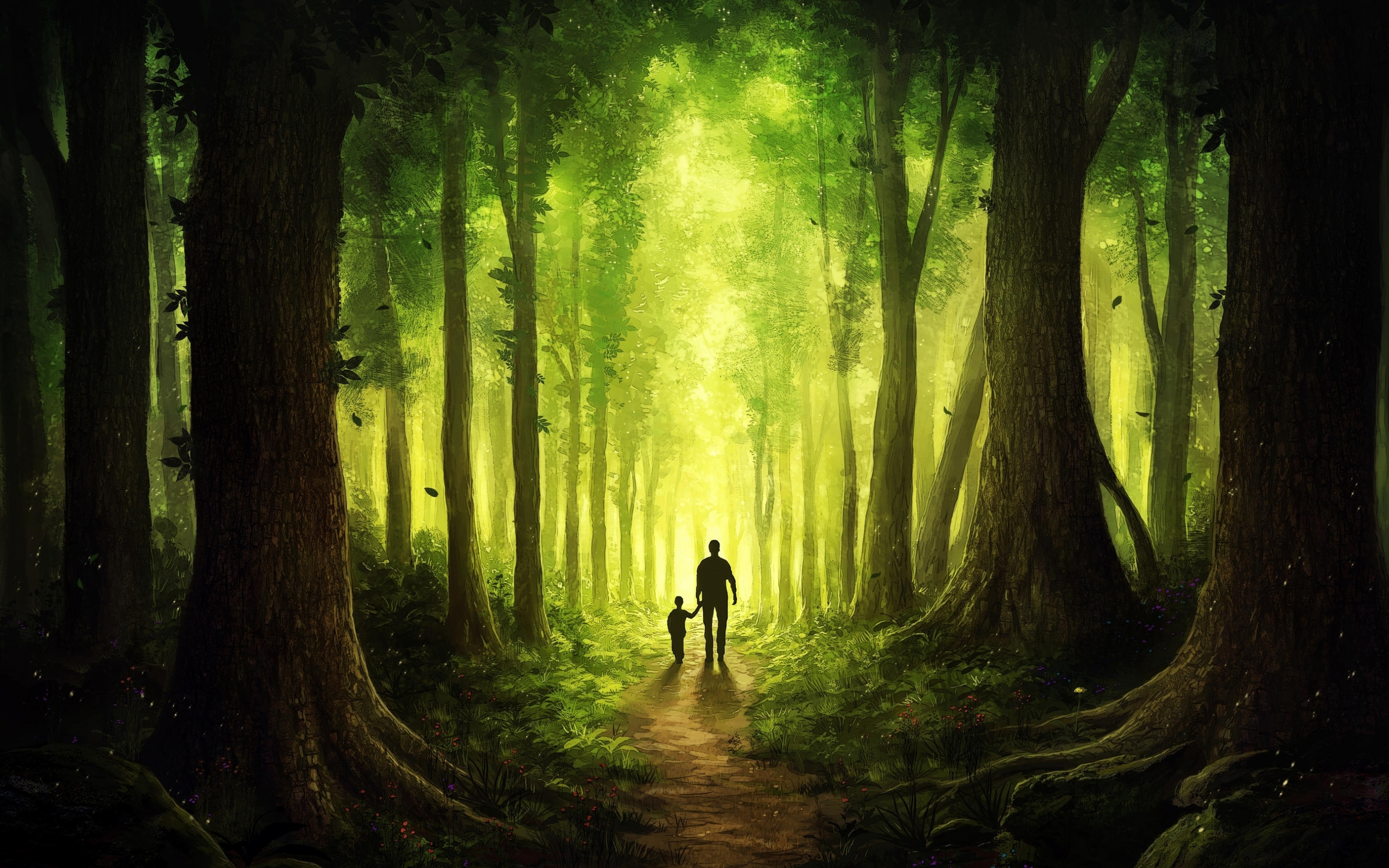 Kid and dad, pathway, forest, fantasy, art, 2880x1800 wallpaper