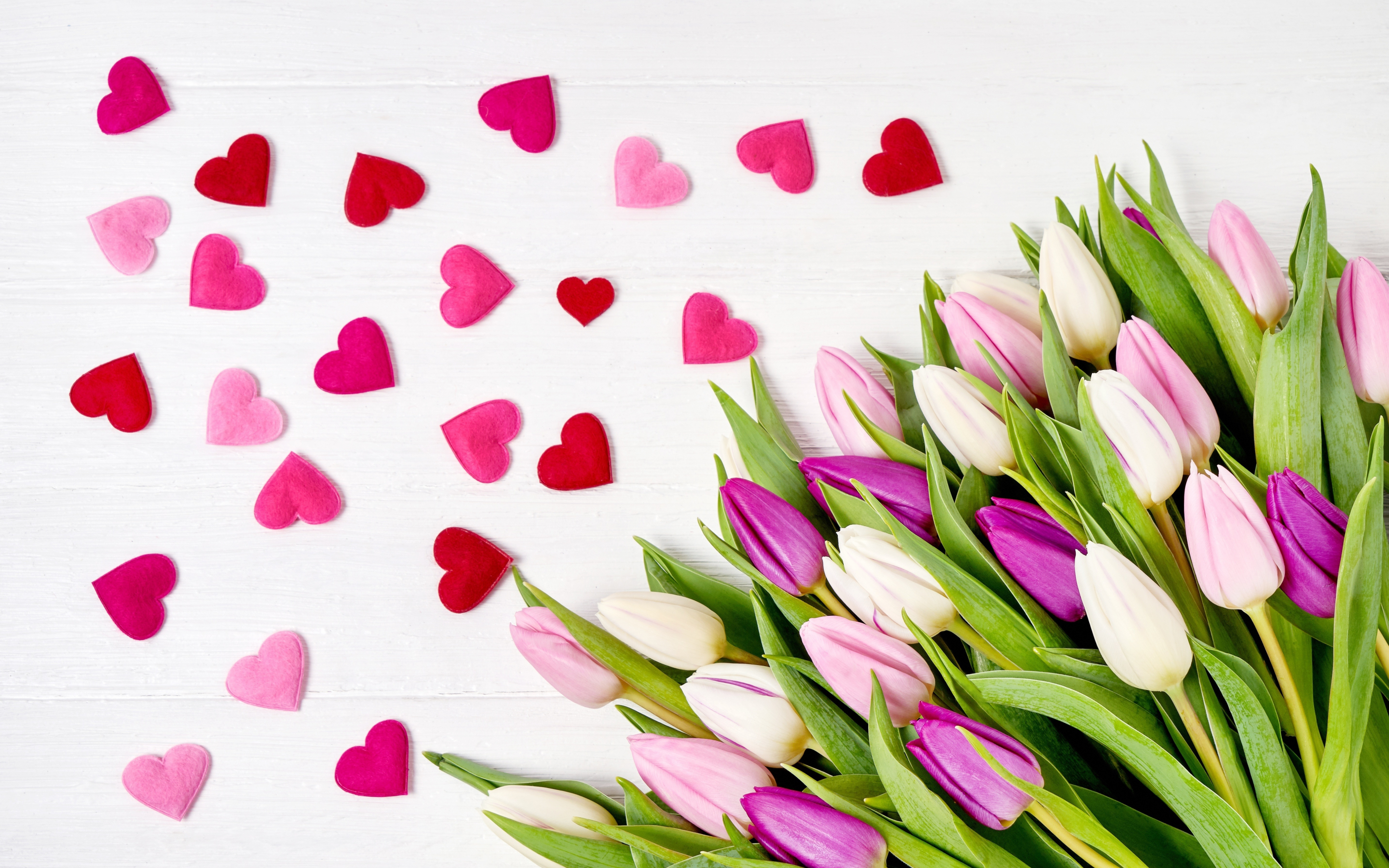 Heart, shapes, flowers, pink tulips, 2880x1800 wallpaper