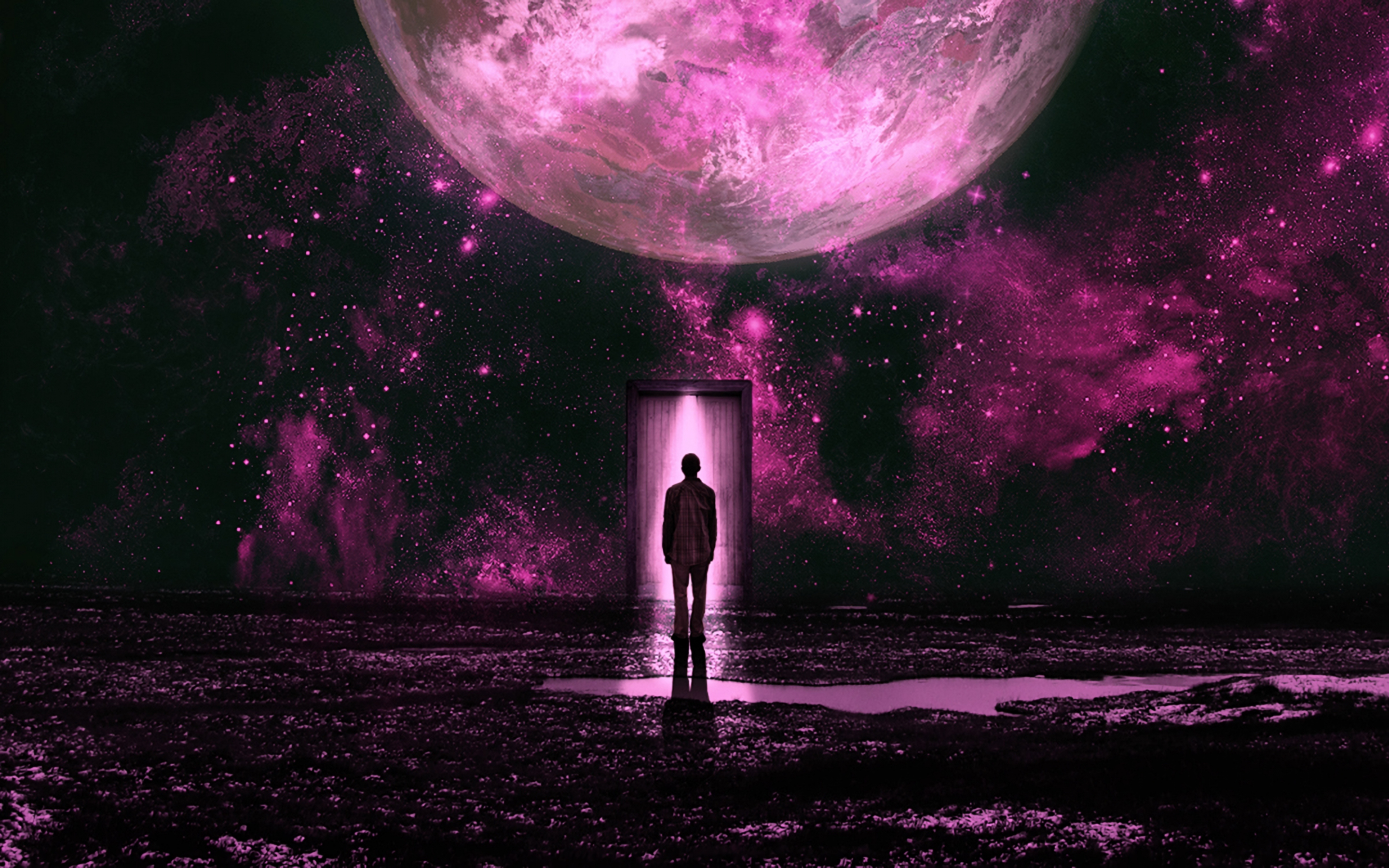 Silhouette, planet, door, lilac theme, art, 2880x1800 wallpaper