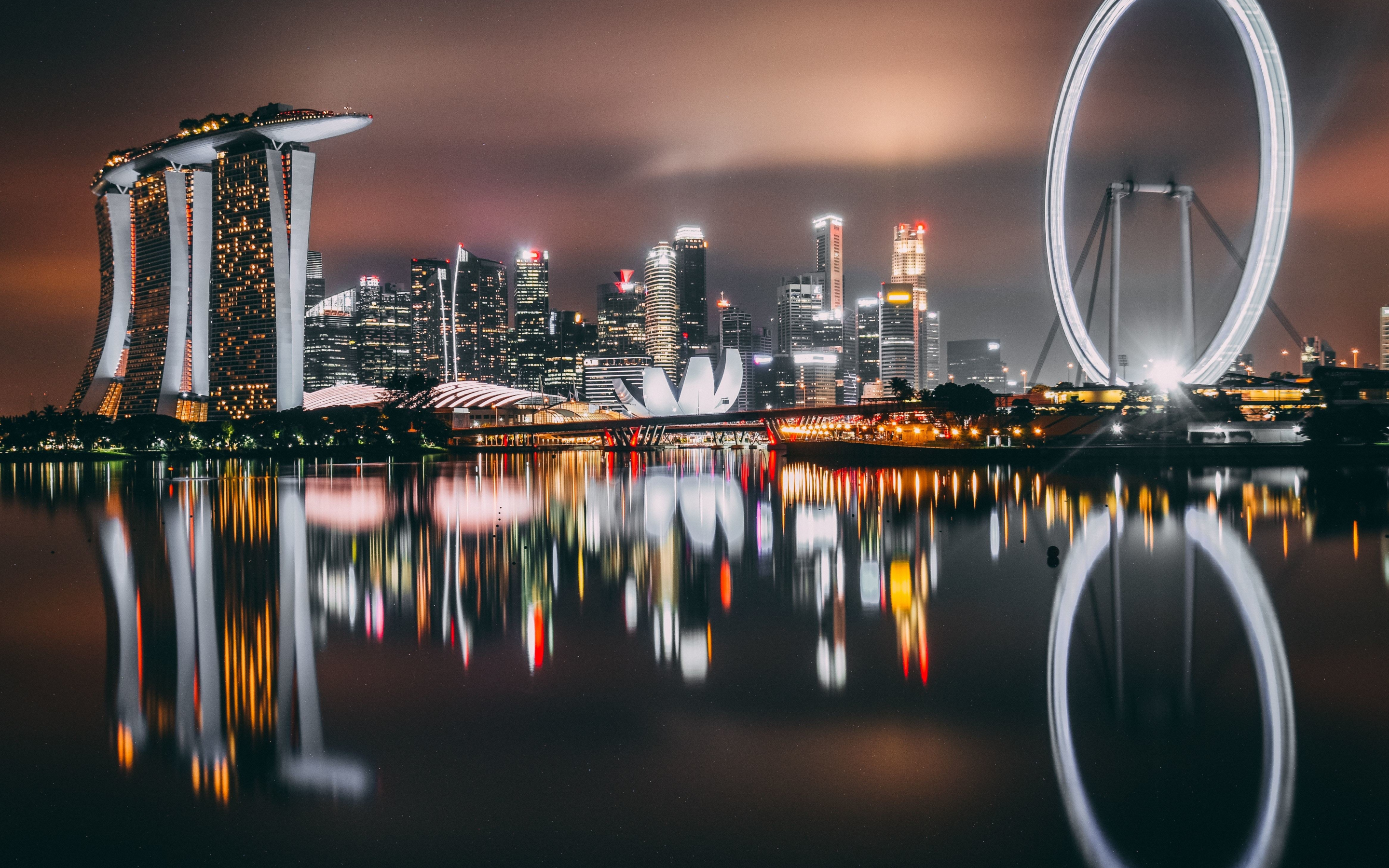 Singapore, city, skyscrapers, buildings, night, city, lights, reflections, 2880x1800 wallpaper