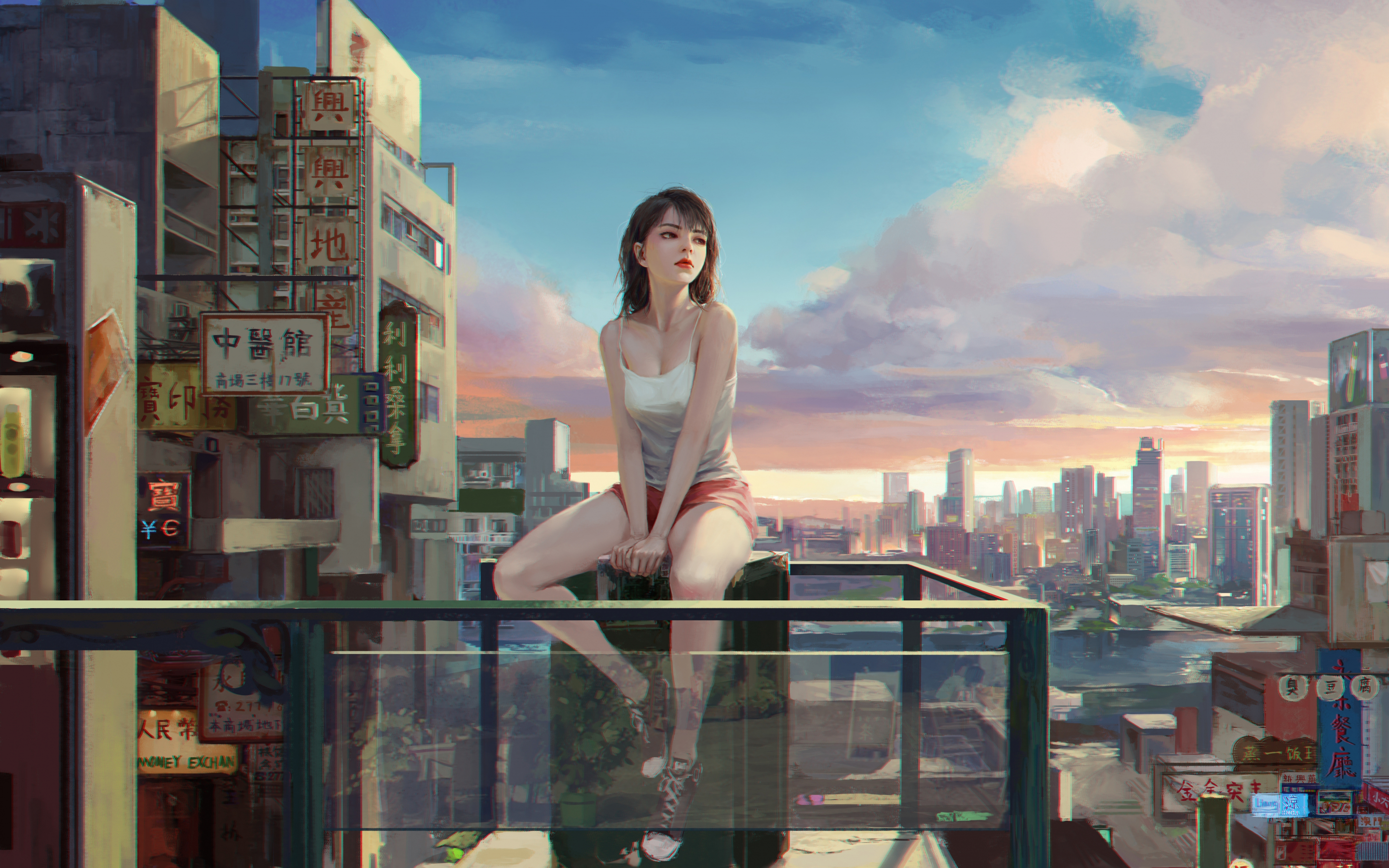 Urban town, girl relaxed in balcony, art, 2880x1800 wallpaper