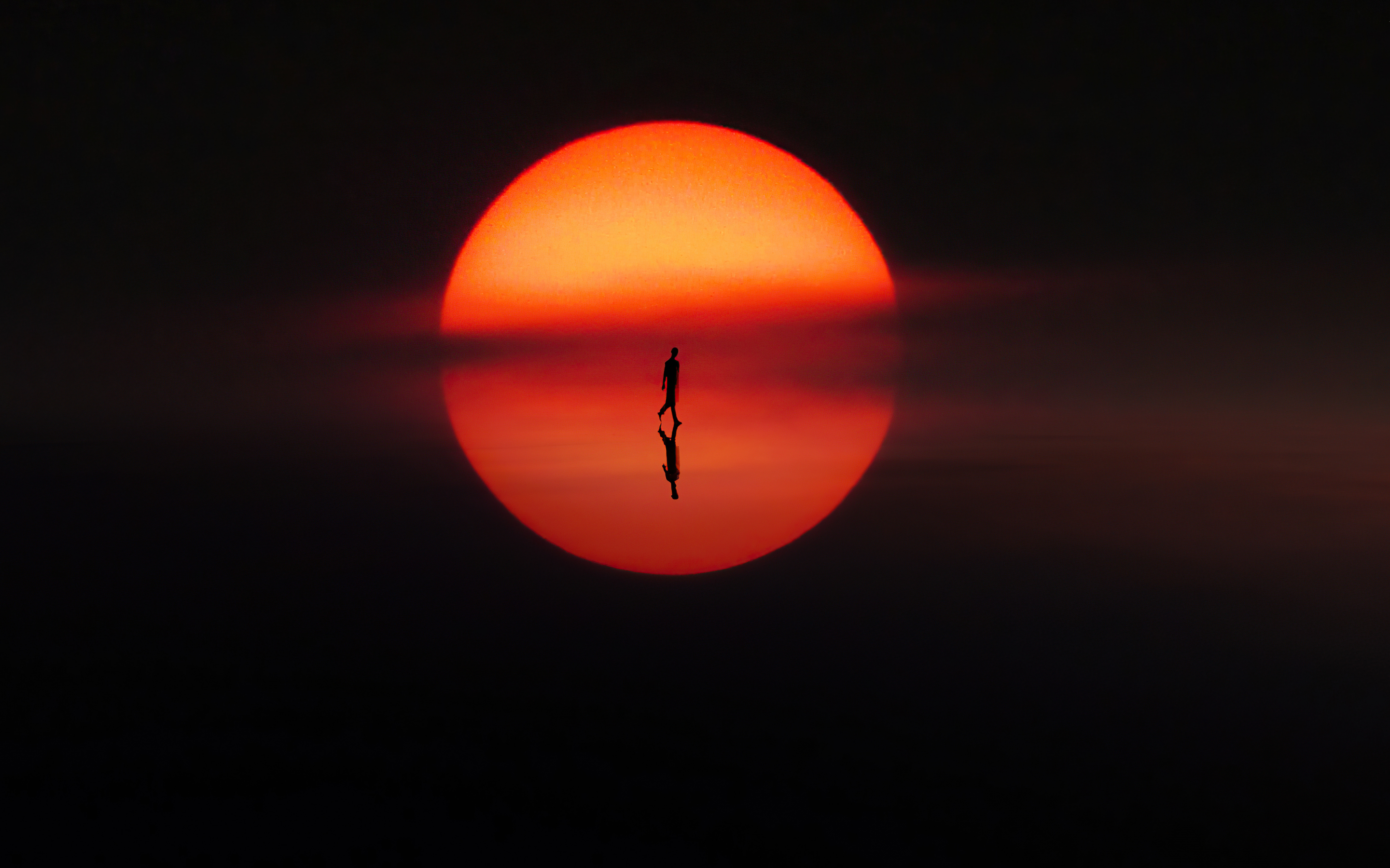 Reflection, solitude, sun, silhouette, artwork, 2880x1800 wallpaper