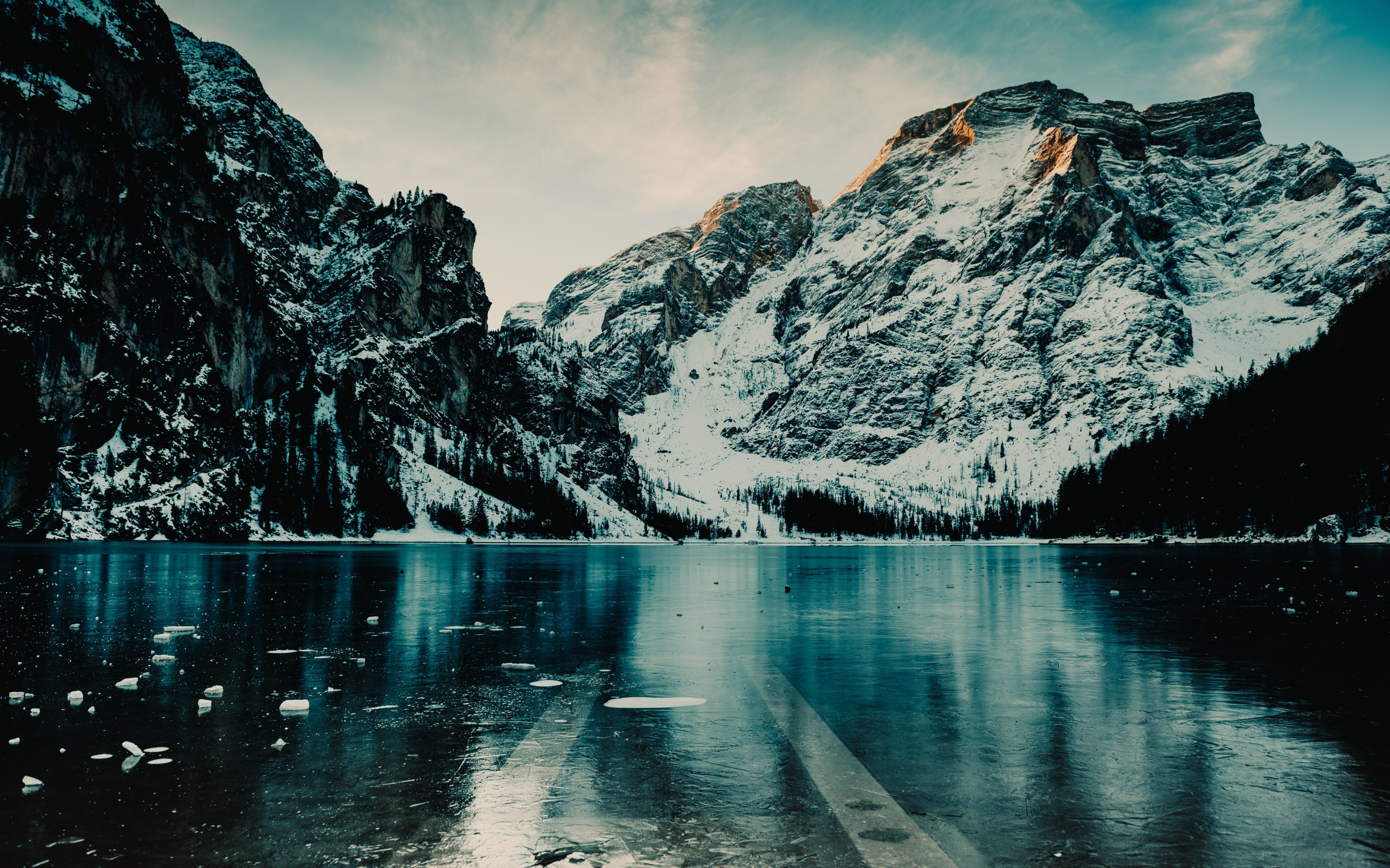 Winter, mountains, floating ice, lake, nature, 2880x1800 wallpaper