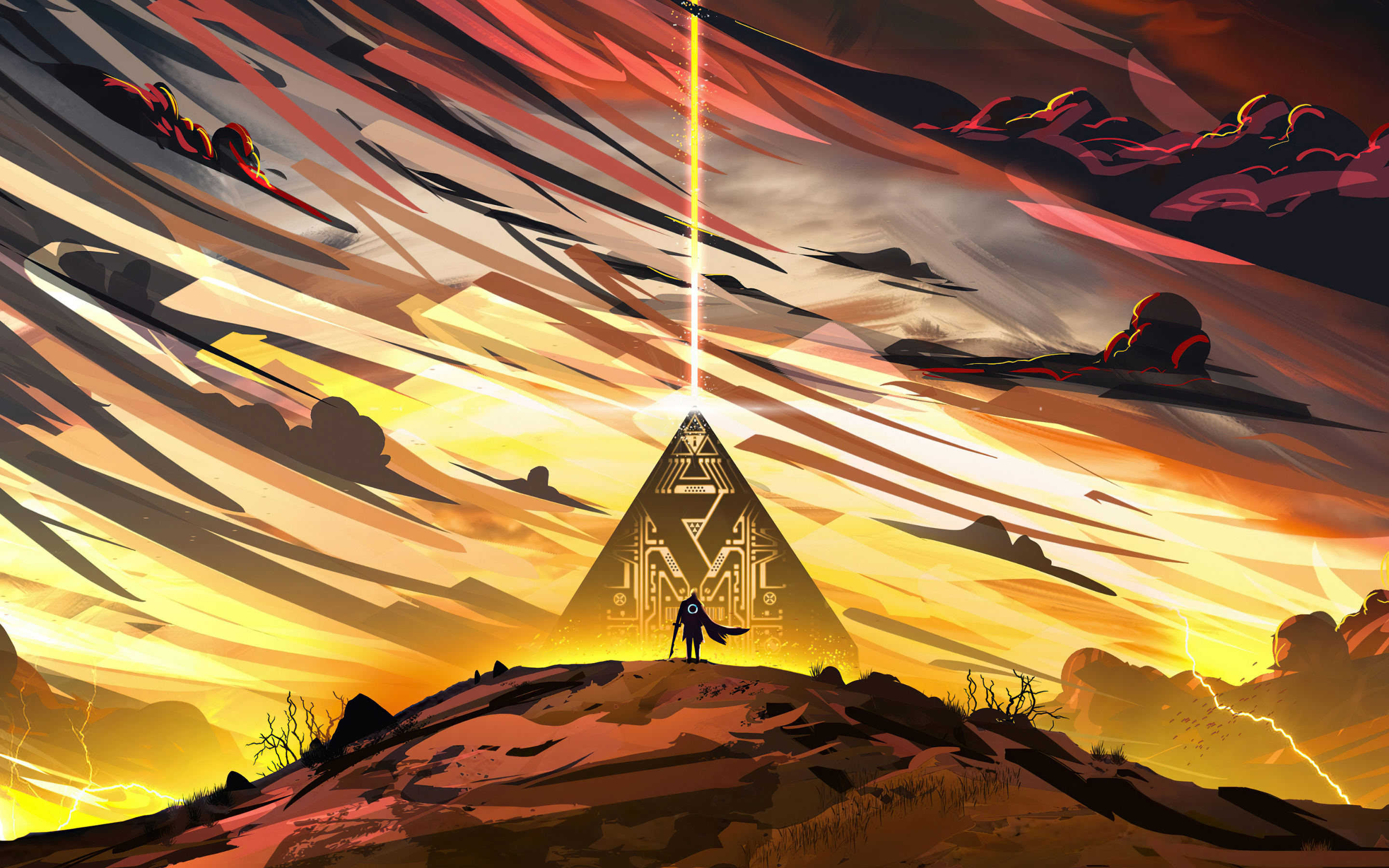 The traveler at pyramid, fantasy, artwork, 2880x1800 wallpaper