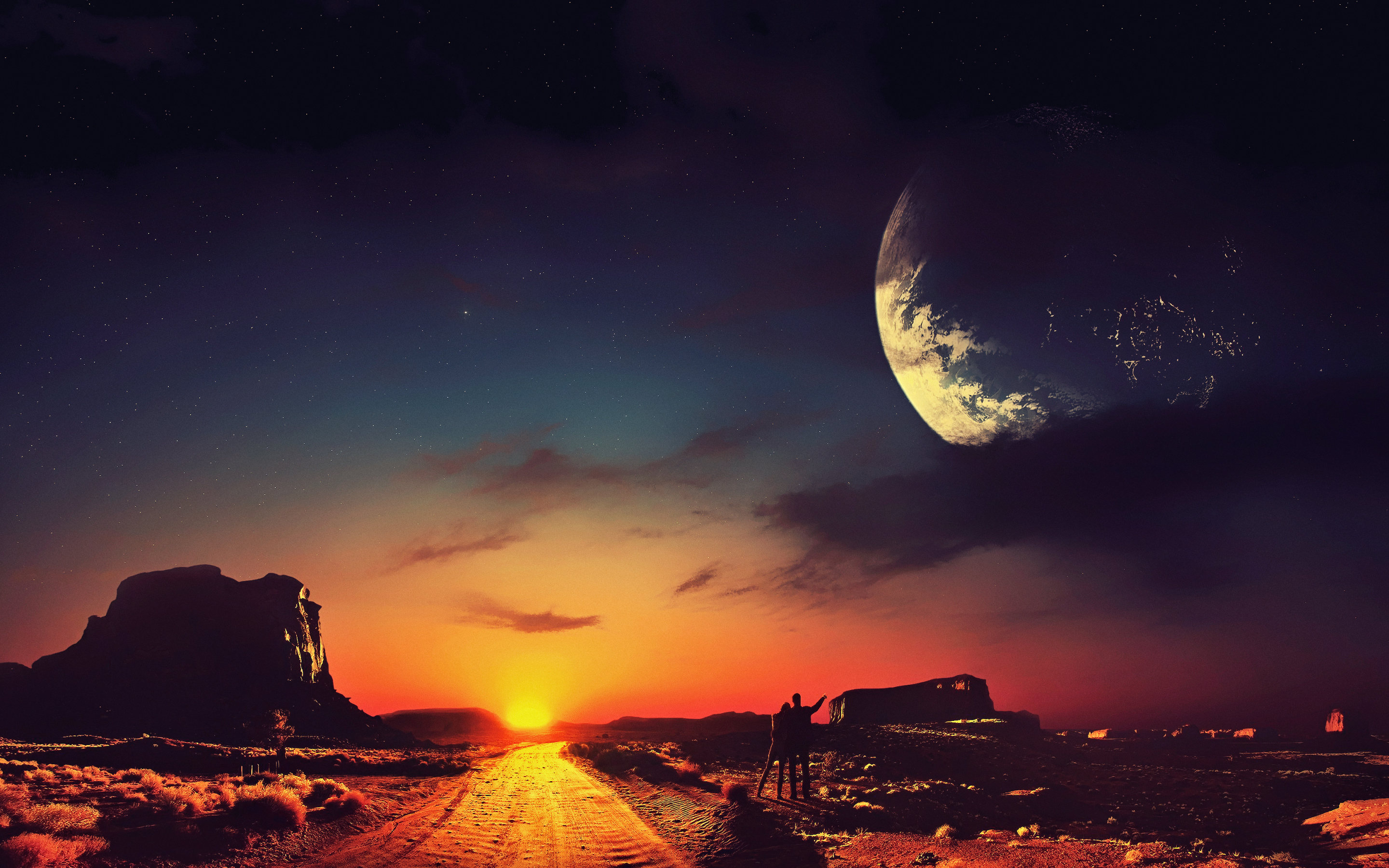 Couple, sunset, planet, starry sky, rocks, romantic, landscape, fantasy, 2880x1800 wallpaper