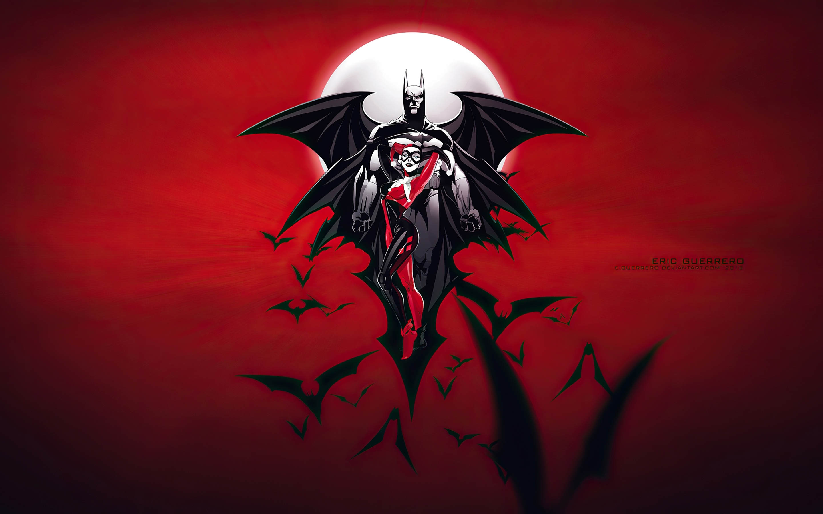 Batman & Harley Quinn, flight, bats, artwork, 2880x1800 wallpaper