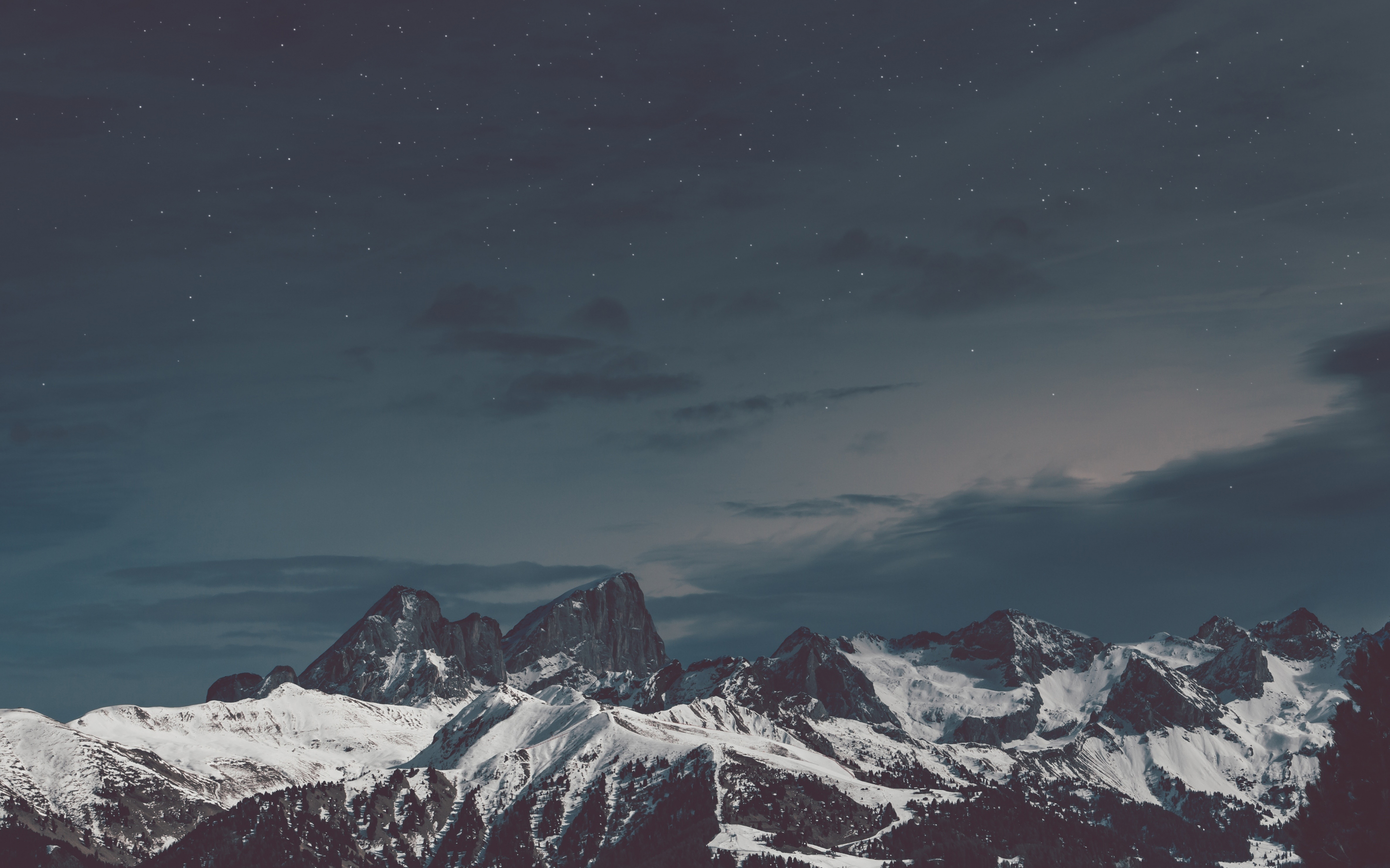 Snow mountains, night, starry sky, 2880x1800 wallpaper