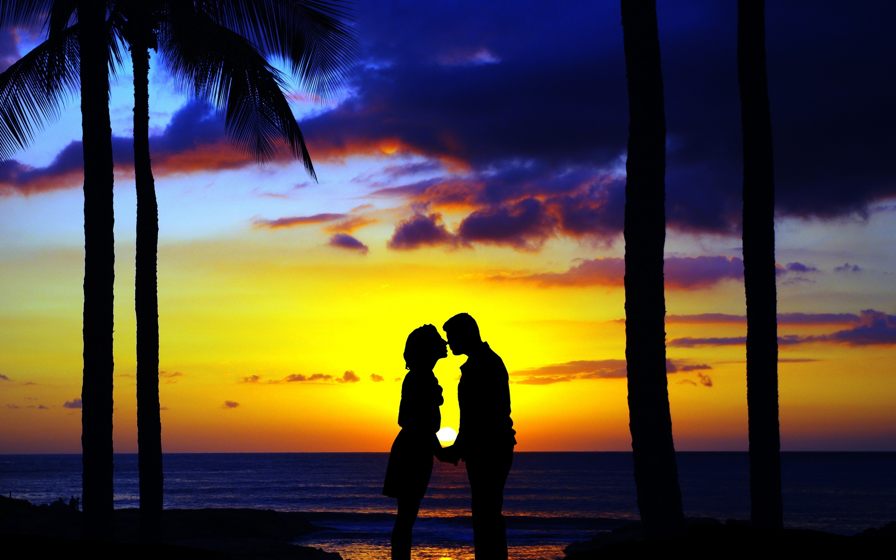 Kiss, couple, sunset, beach, silhouette, art, 2880x1800 wallpaper