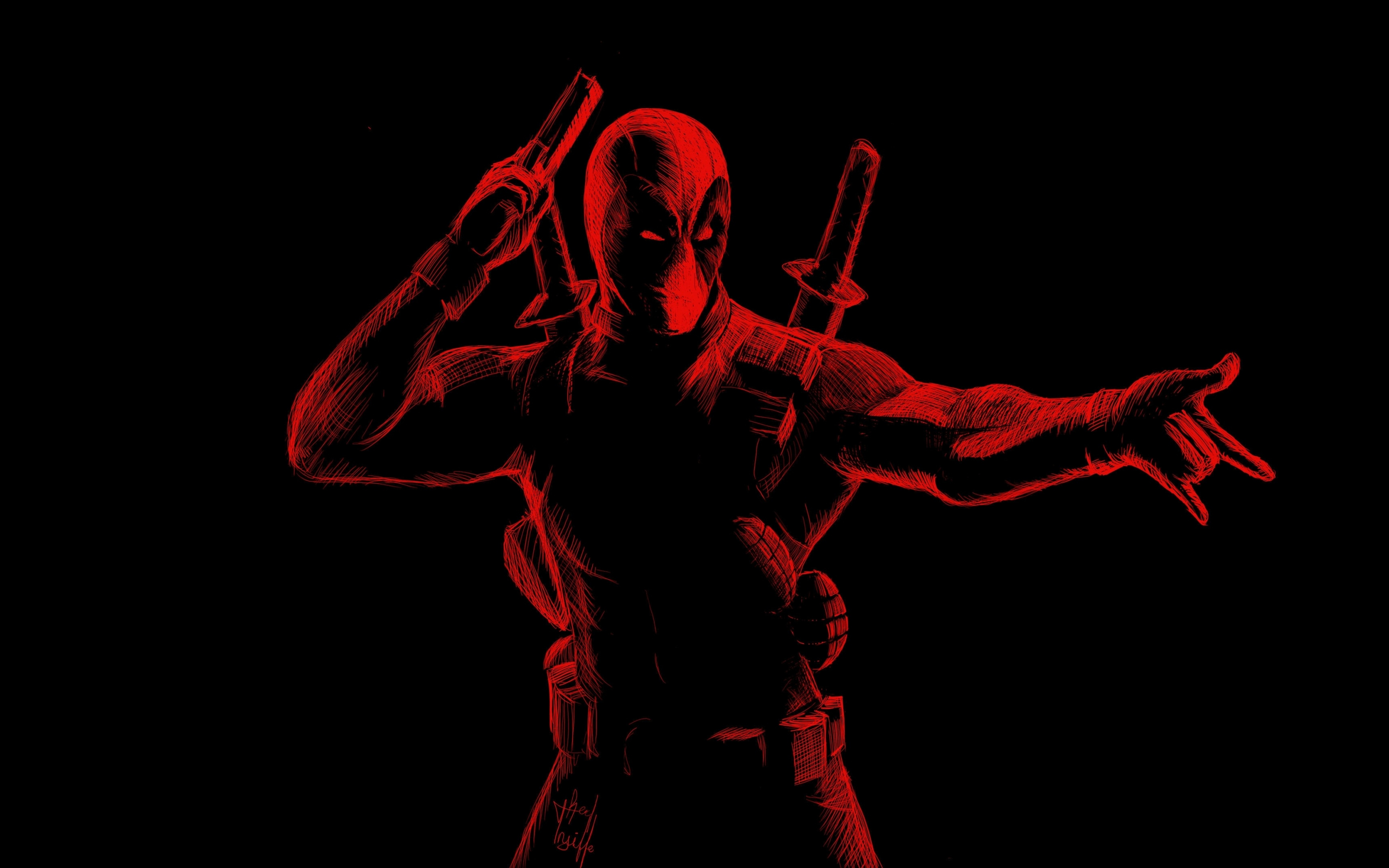 Red, line arts, Deadpool, 2880x1800 wallpaper