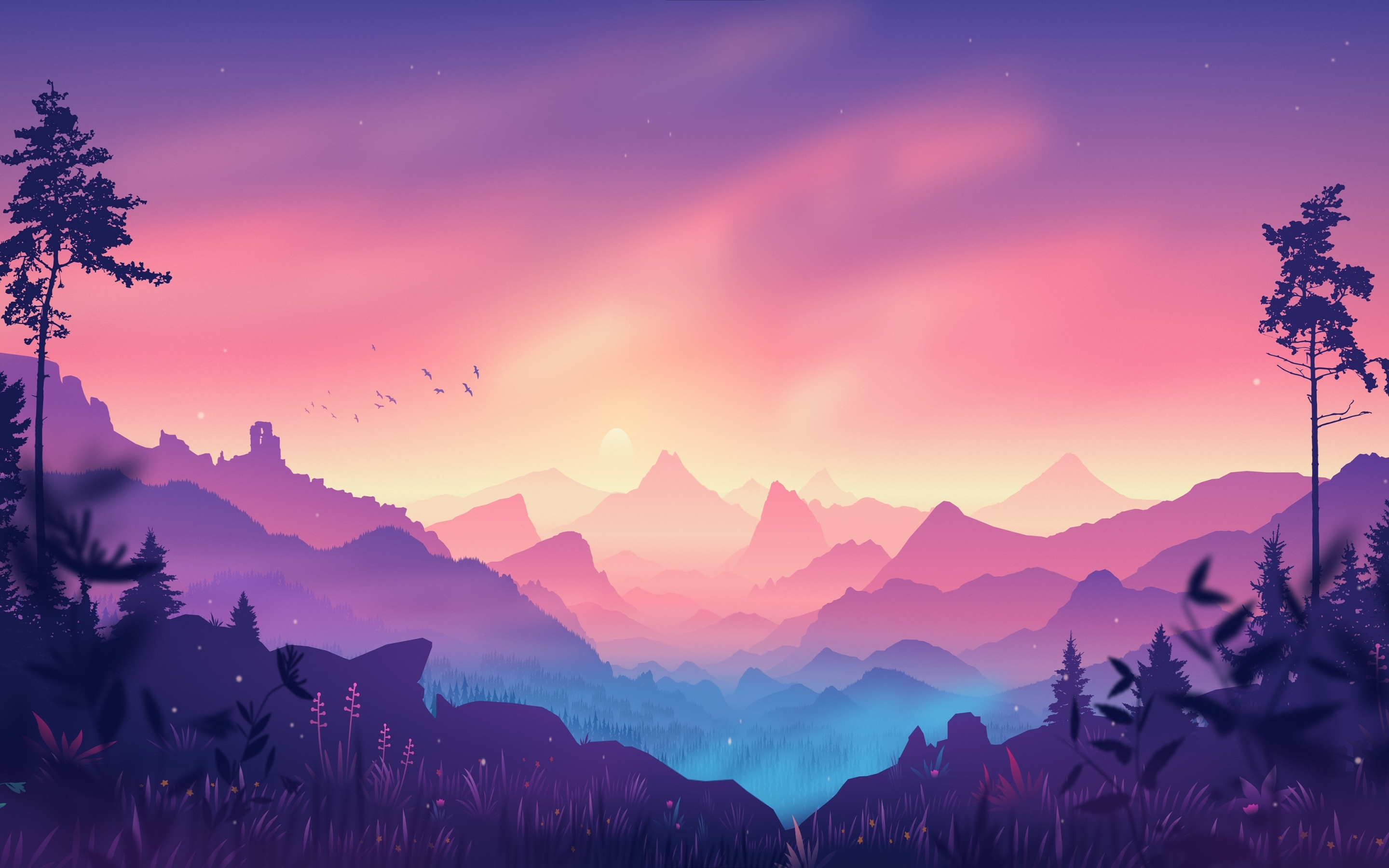 Digital art, horizon, mountains, forest, pinkish art, 2880x1800 wallpaper