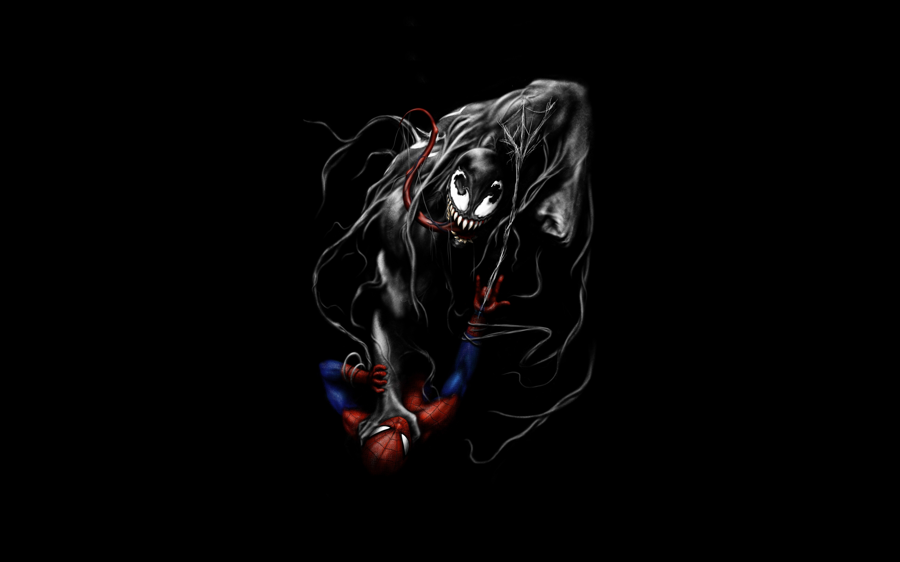 Venom and spider-man, fight, black and dark, minimal, art, 2880x1800 wallpaper